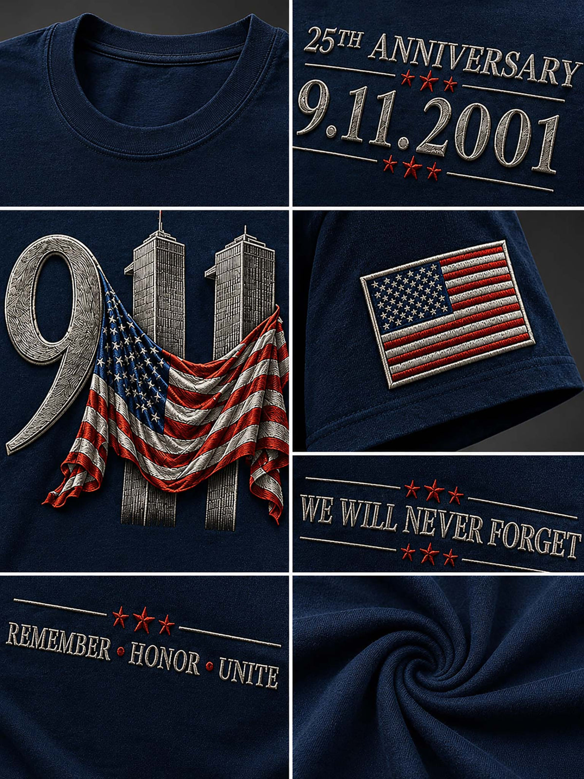 A six-panel collage showing details of a navy blue commemorative T-shirt. The panels display close-ups of the collar, a '25th Anniversary 9.