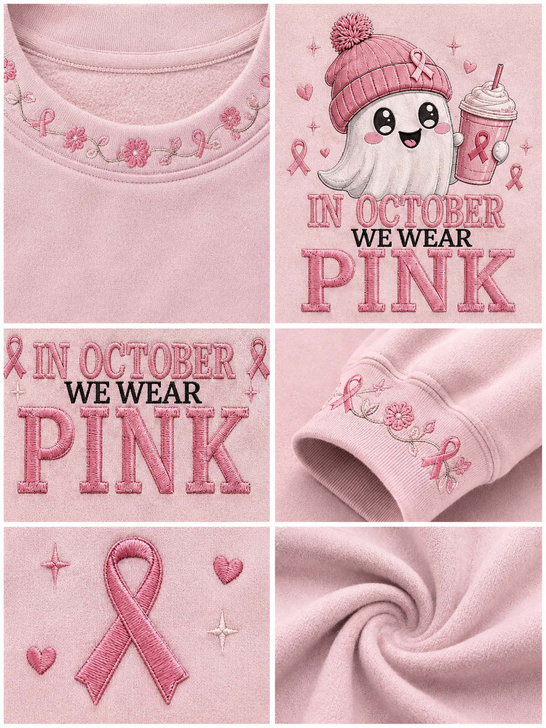 A woman wearing a light pink crewneck sweatshirt with a graphic that reads 'IN OCTOBER WE WEAR PINK' and features a cute ghost character in a pink beanie holding a pink drink, paired with blue jeans.