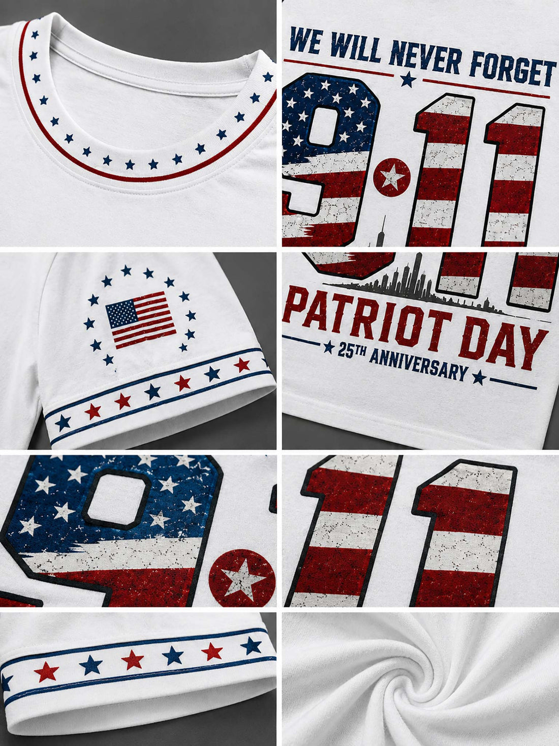 White short-sleeve graphic T-shirt on a hanger with distressed blue denim shorts below. The shirt features a patriotic 9/11 memorial design with the text 'WE WILL NEVER FORGET 9/11 PATRIOT DAY 25TH ANNIVERSARY' and American flag motifs.