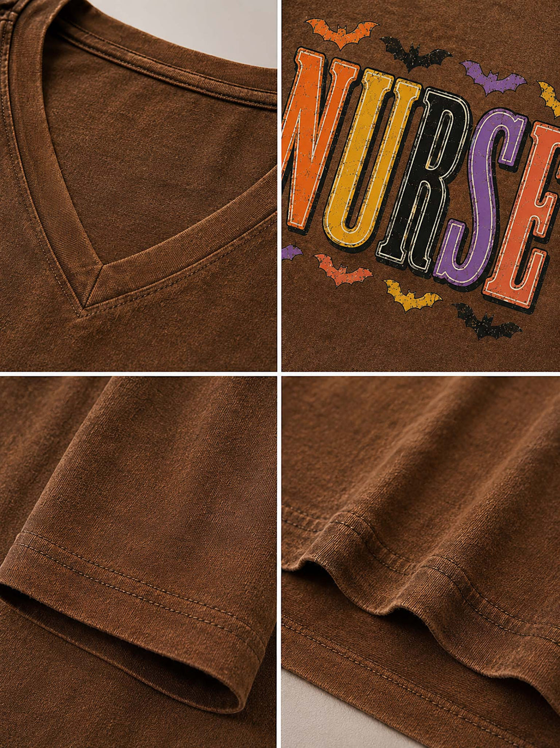 A brown V-neck graphic T-shirt on a hanger, styled with distressed denim shorts in a rustic fall-themed setting. The shirt features the word 'NURSE' in large, colorful block letters with small bat silhouettes above and below.