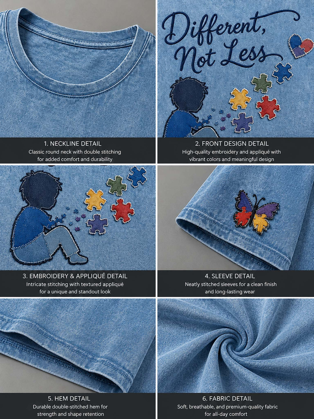A light blue graphic t-shirt on a wooden hanger, styled with distressed denim shorts against a neutral gray background. The t-shirt features a graphic of a child sitting with colorful puzzle pieces and the text 'Different, Not Less' and 'SEE THE PERSON * SEE THE POSSIBILITY'.