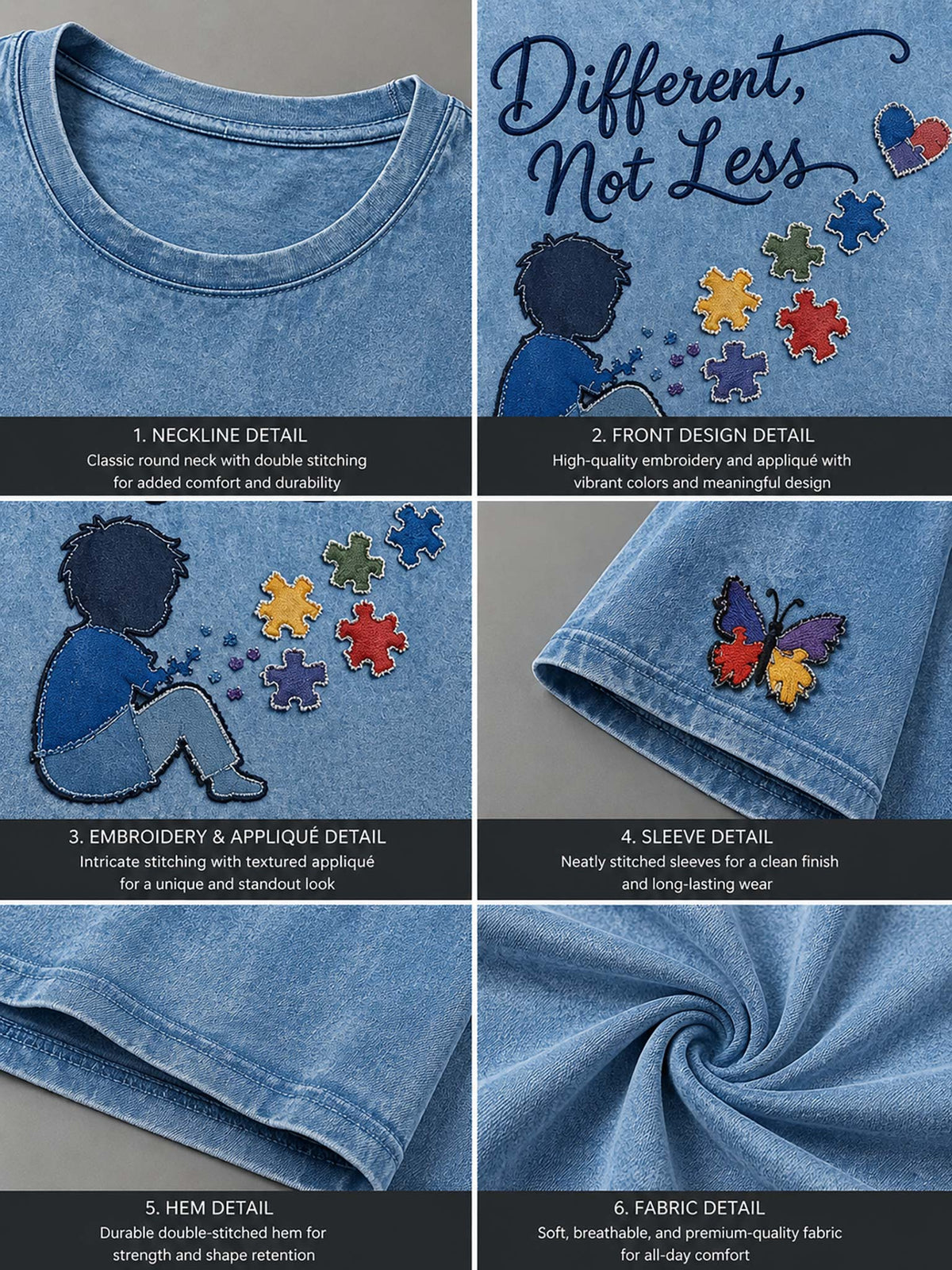 A six-panel close-up collage of a light blue denim T-shirt showing embroidered details: a neckline detail, front design with a seated figure and colorful puzzle pieces, sleeve detail, hem detail, and fabric texture. Text overlays describe each section.