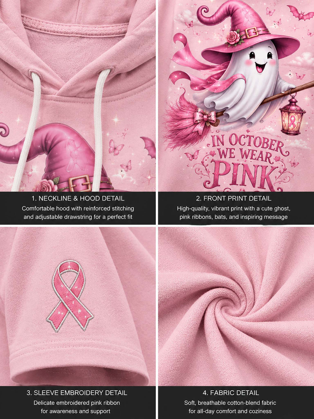 A woman wearing a pink hoodie with a cartoon ghost wearing a witch hat, holding a lantern, and the text 'IN OCTOBER WE WEAR PINK' on the front. The hoodie also features pink ribbon graphics on the sleeves.