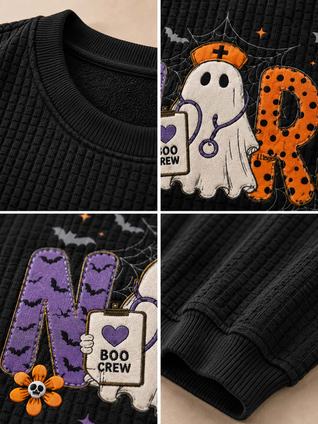 A woman wearing a black ribbed knit sweater with a colorful Halloween-themed 'Nurse' graphic, paired with blue jeans.