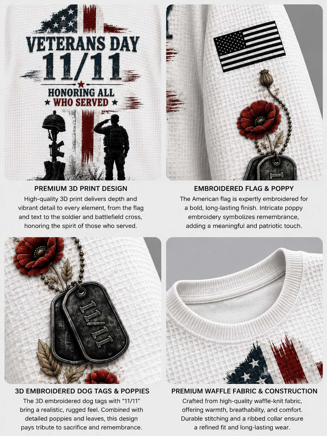 Four-panel product showcase of a Veterans Day flag on a white waffle-knit fabric, showing printed text, embroidered details, poppy tags, and collar construction with descriptive callouts.