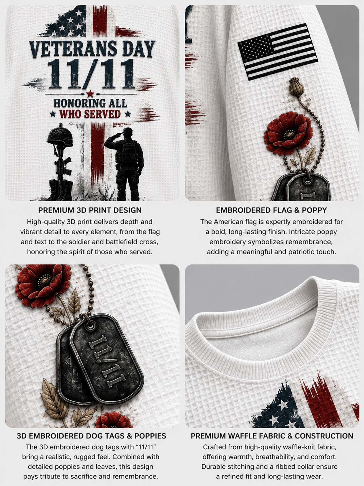Four-panel product showcase of a Veterans Day flag on a white waffle-knit fabric, showing printed text, embroidered details, poppy tags, and collar construction with descriptive callouts.
