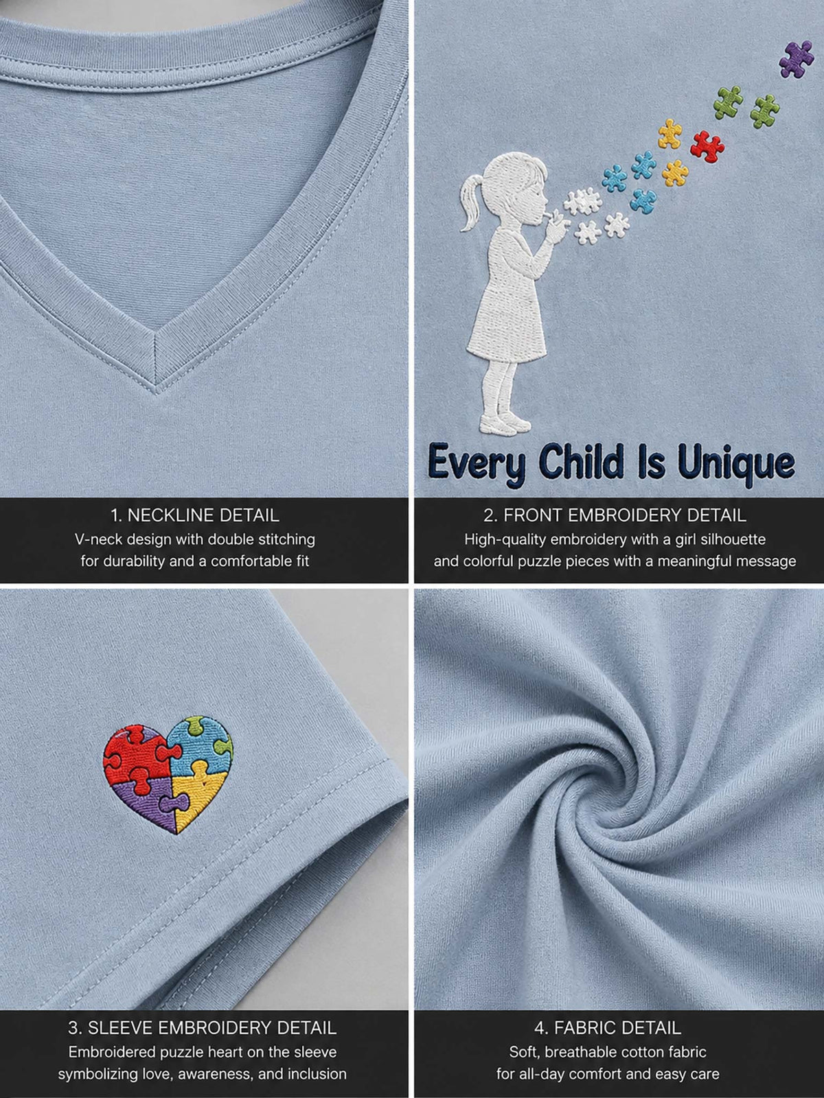 A four-panel product detail graphic showing a light blue V-neck t-shirt. The panels highlight features including the double-stitched neckline, a front embroidery of a girl blowing colorful puzzle pieces with the text 'Every Child Is Unique', a puzzle-heart embroidery on the sleeve, and the soft, breathable cotton fabric texture.