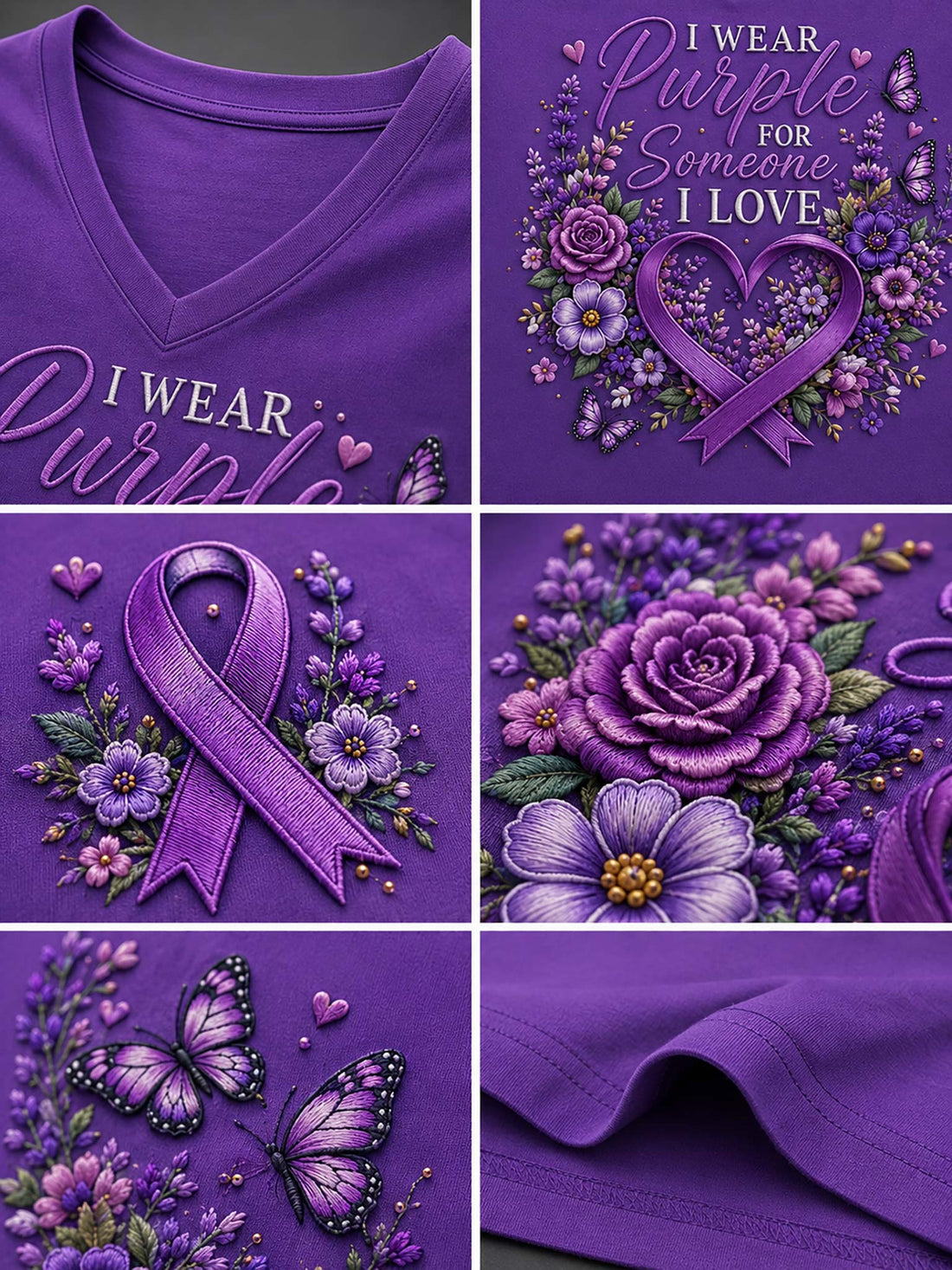 Women's purple V-neck shirt with purple awareness ribbons, floral heart frame, butterflies, and "I Wear Purple For Someone I Love" graphic paired with denim shorts.