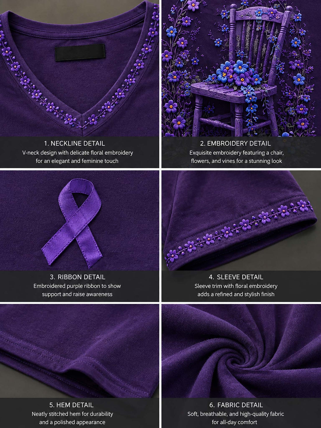 A woman wearing a purple V-neck graphic T-shirt with a purple awareness ribbon and a floral chair design, paired with distressed denim shorts.