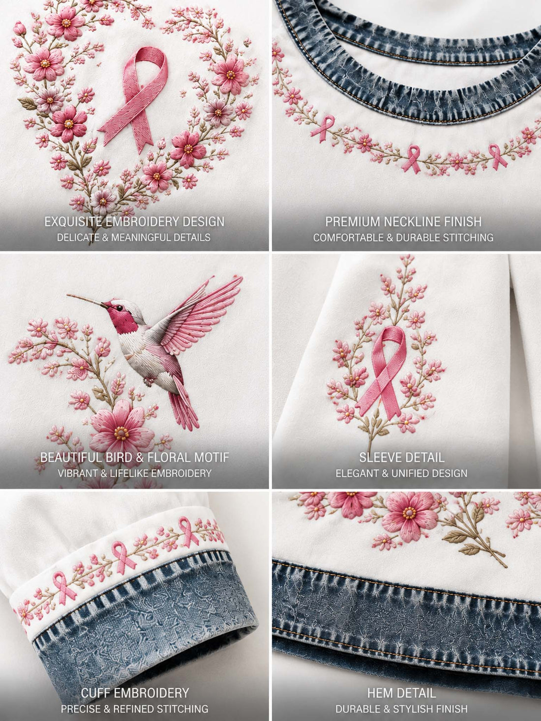 A woman wearing a white long-sleeve sweatshirt with denim shoulder panels and cuffs, featuring a pink breast cancer ribbon surrounded by a floral heart design and a hummingbird on the front.
