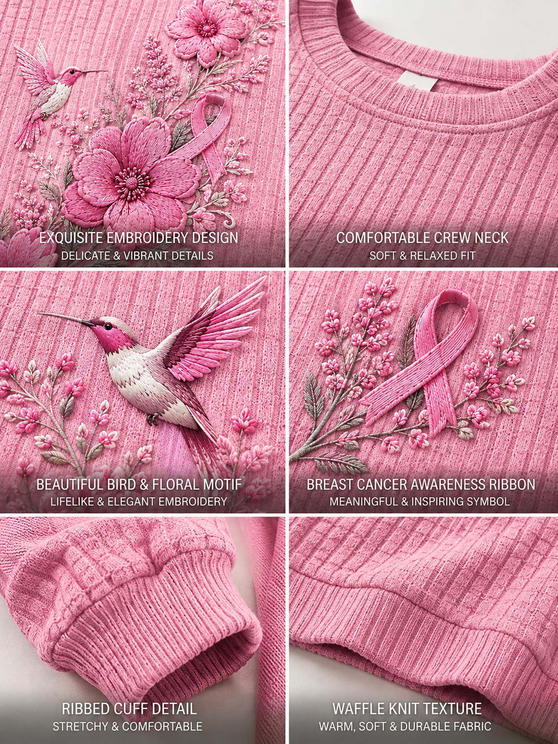 A woman wearing a pink ribbed knit sweater with a large floral and hummingbird embroidery design on the front, paired with dark blue jeans.