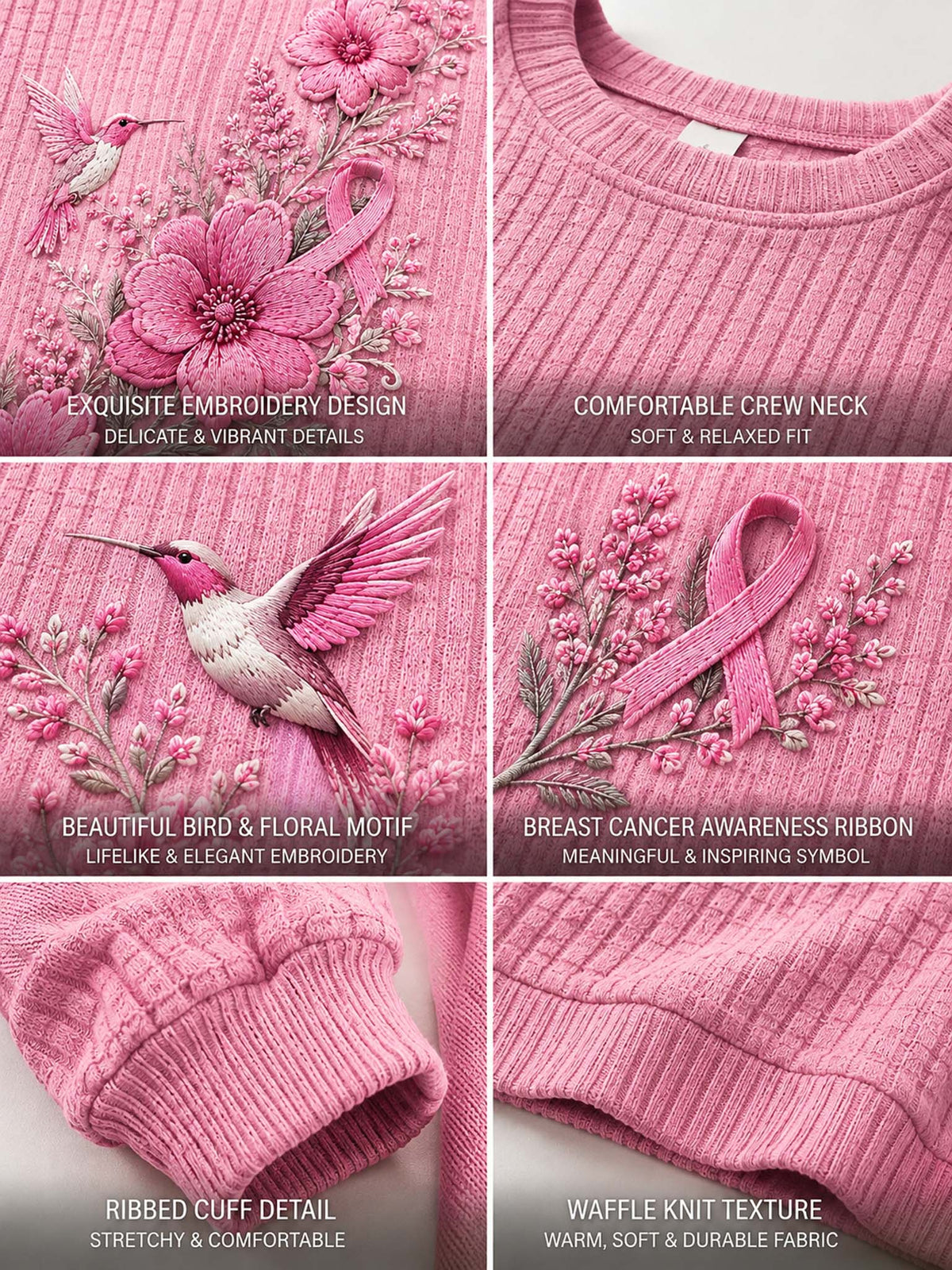 Six-panel close-up collage of a pink ribbed knit sweater with floral and bird embroidery, a pink awareness ribbon motif, and text callouts describing the crew neck, cuff detail, waffle knit texture, and embroidery.