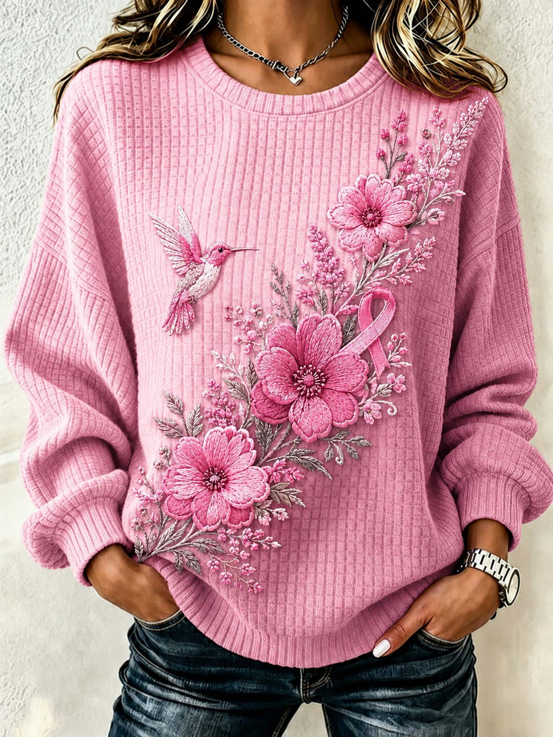 A woman wearing a pink ribbed knit sweater with a large floral and hummingbird embroidery design on the front, paired with dark blue jeans.