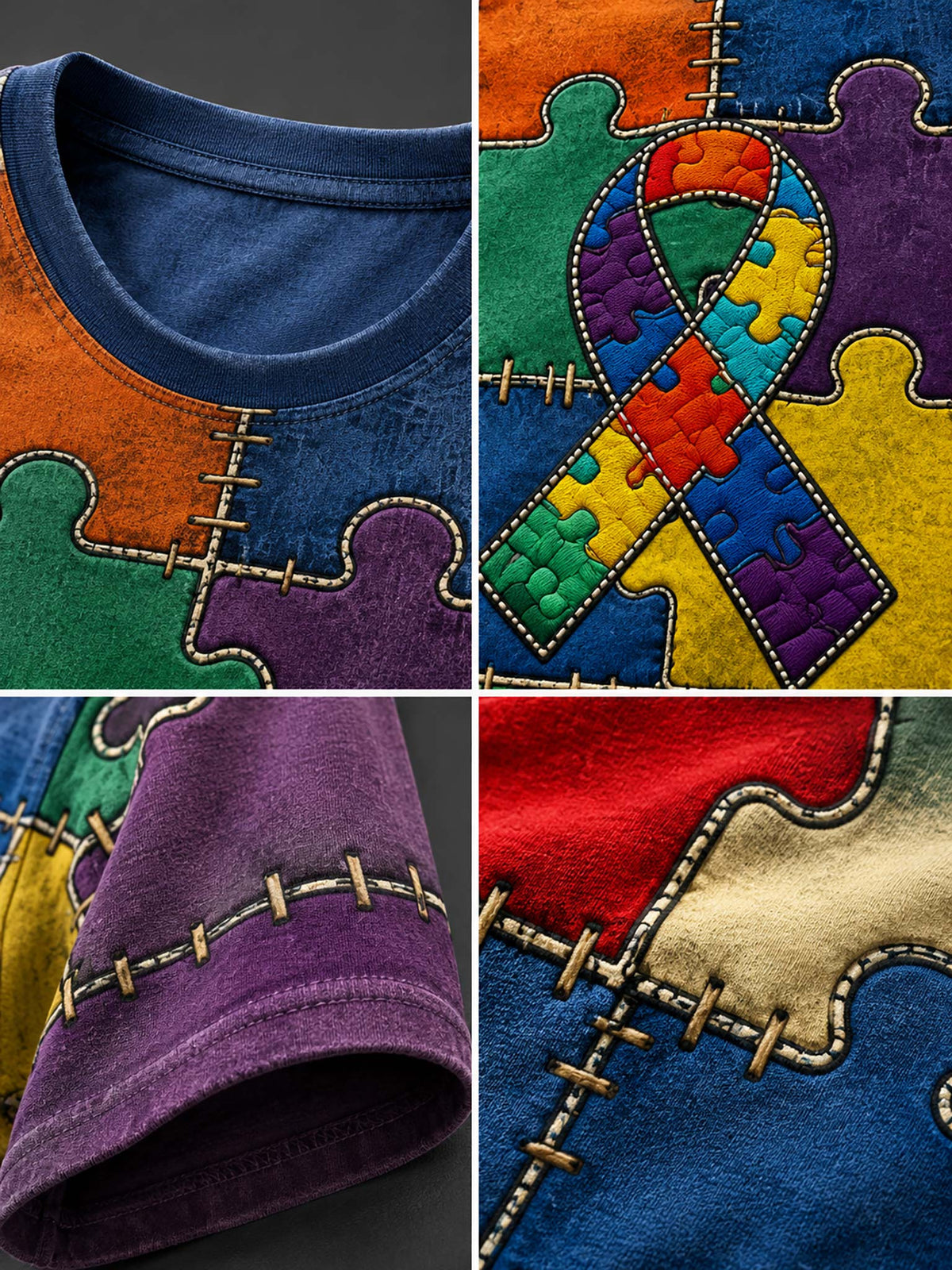 A close-up collage of a colorful patchwork t-shirt featuring puzzle-piece panels and a rainbow awareness ribbon applique, with stitched details and fabric textures shown in four detailed panels.