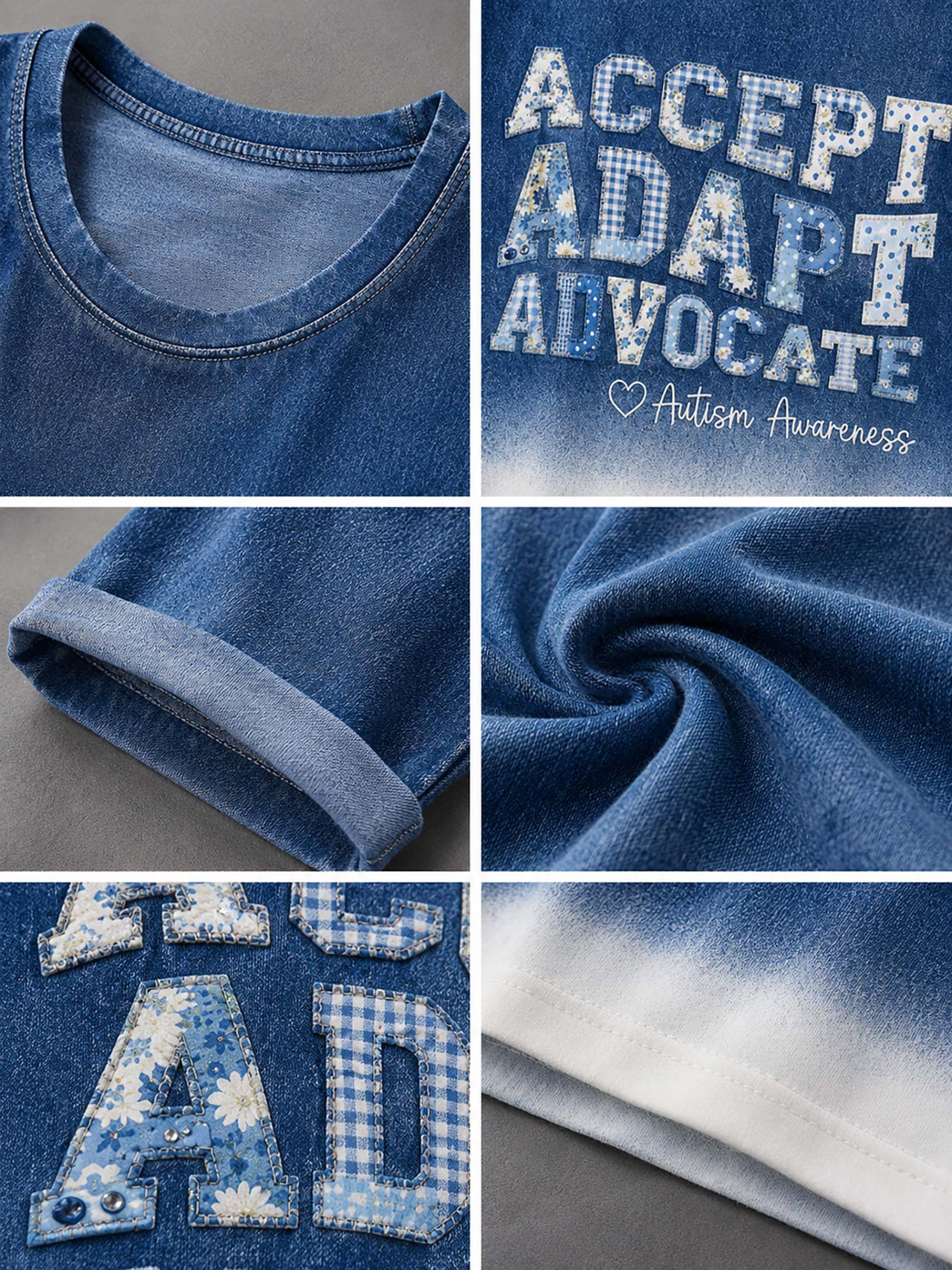 A woman wearing a blue-to-white gradient t-shirt with the text 'ACCEPT ADAPT ADVOCATE' and 'Autism Awareness' in white, paired with blue jeans.