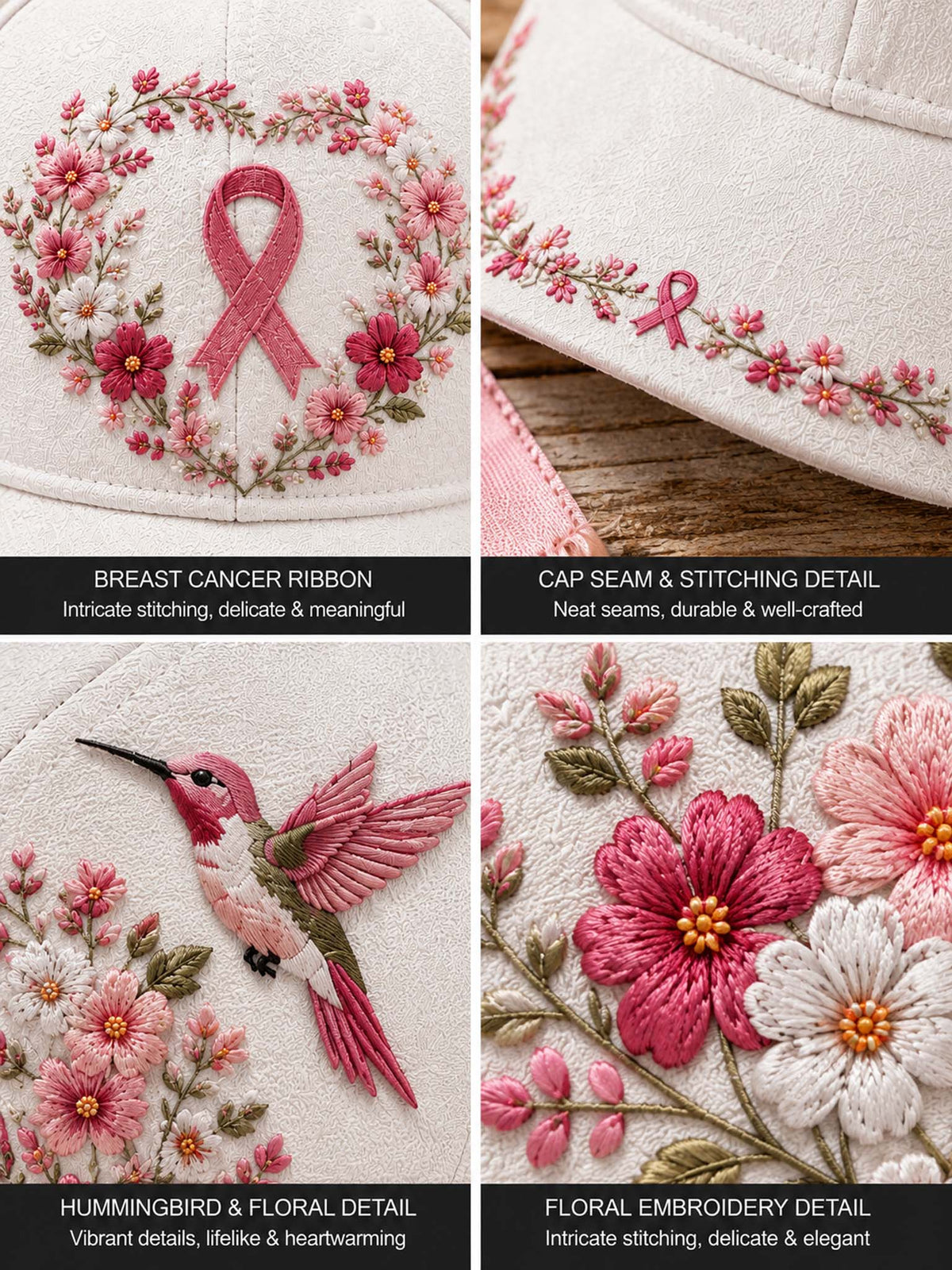 Four-panel close-up collage of a white embroidered fabric product, showing a pink breast cancer ribbon surrounded by flowers, cap seam and stitching detail, a pink hummingbird with floral elements, and floral embroidery detail. Text labels describe the embroidery.