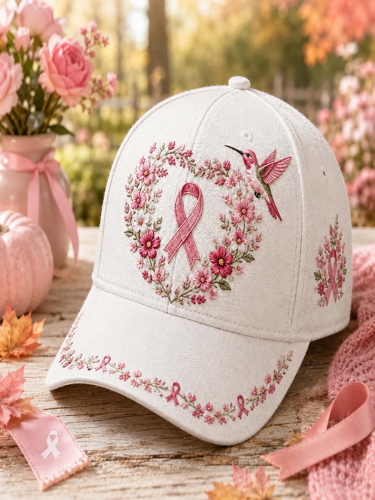 A white baseball cap with pink floral embroidery forming a heart shape around a pink awareness ribbon, plus a pink hummingbird design and pink ribbon embroidery on the brim, styled on a wooden surface with pink flowers and autumn leaves.