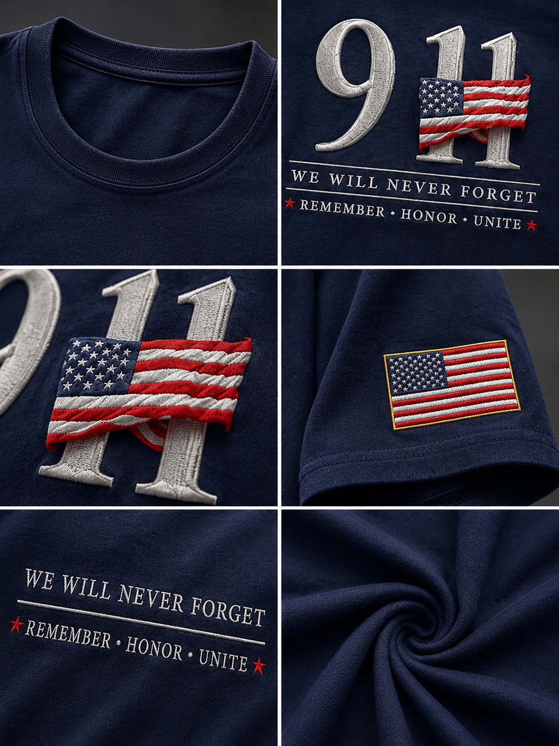 A navy blue short-sleeve t-shirt with a '911' memorial graphic on the chest, featuring an American flag pattern and the text 'WE WILL NEVER FORGET' and 'REMEMBER • HONOR • UNITE'. A small American flag is printed on the left sleeve, set against a dark gray studio background.