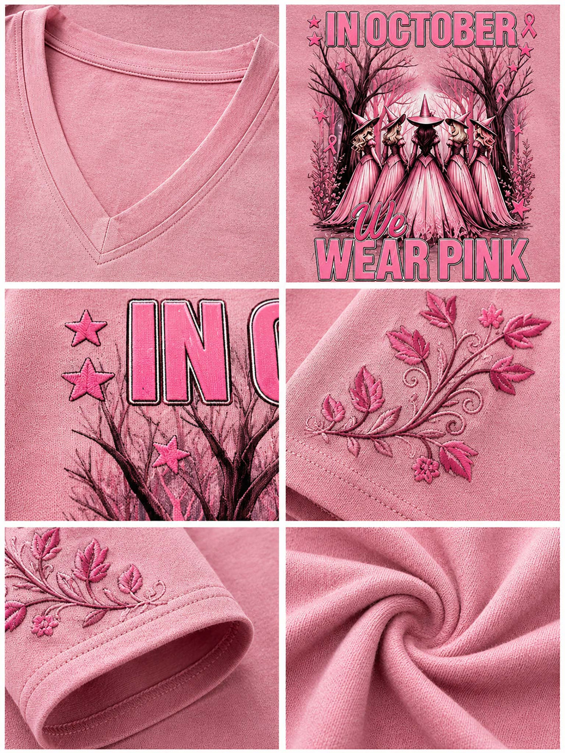 A pink V-neck graphic T-shirt displayed on a hanger with blue denim shorts, set against a rustic autumn-themed background with pumpkins, a wagon wheel, and fall decor. The shirt features a graphic of witches in pink hats and cloaks with the text 'IN OCTOBER We WEAR PINK' and pink ribbon motifs on the sleeves.