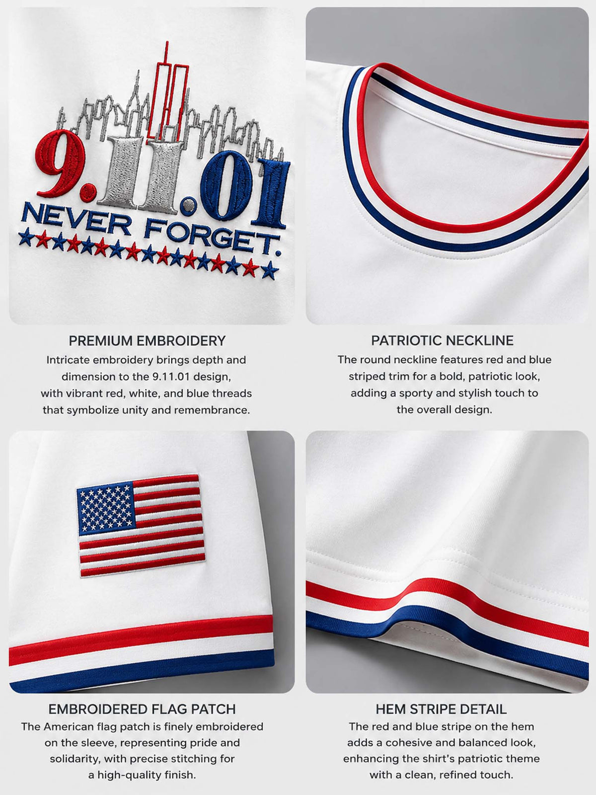 Four-panel product detail collage of a white patriotic t-shirt. The top-left panel shows a close-up of the front chest with '9.