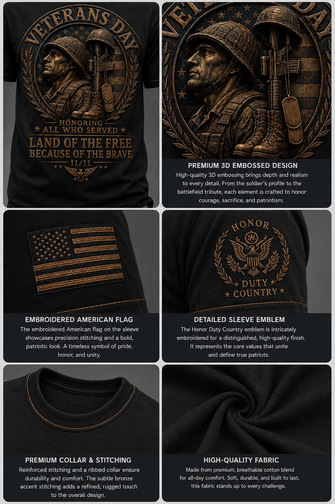 A black short-sleeve t-shirt with a large bronze-colored Veterans Day graphic on the front, featuring a soldier, helmet, rifle, and patriotic text, shown against a dark gray background.