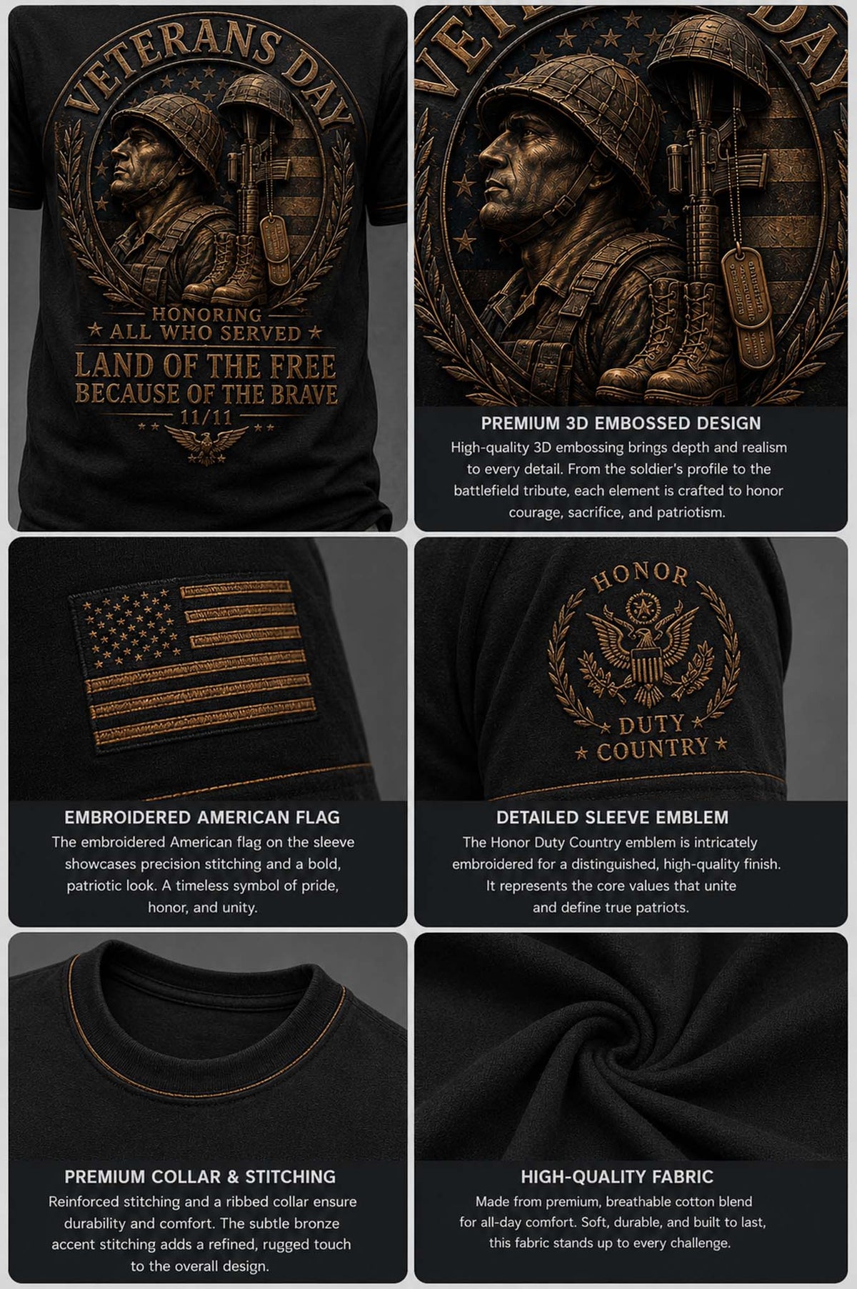 Six-panel product feature collage for a black embroidered t-shirt. The panels show close-ups of the shirt design and text callouts for Veterans Day graphics, an embroidered American flag on the sleeve, a detailed duty country emblem, a curved hem embroidery detail, and fabric quality.