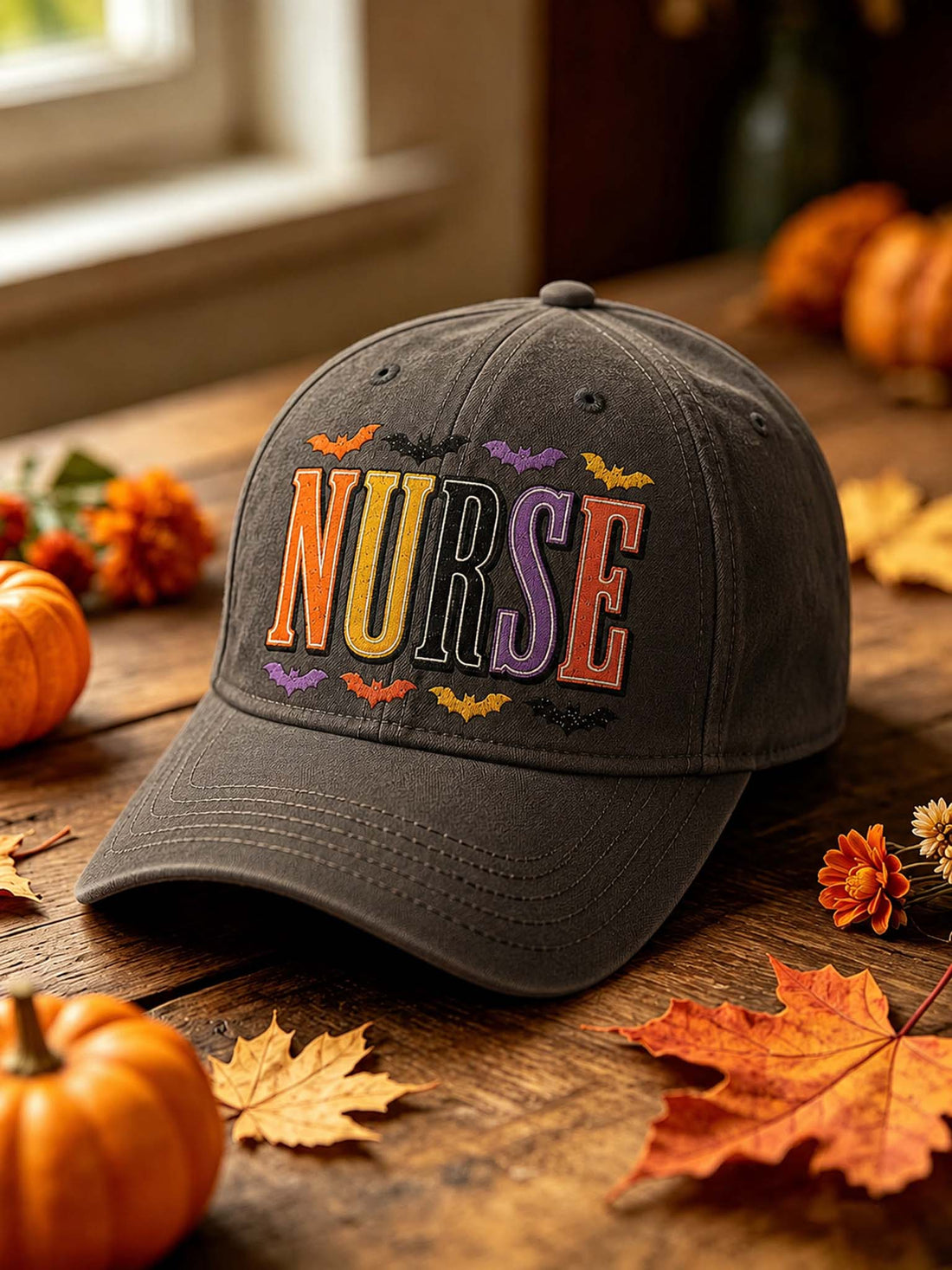 A dark gray baseball cap with 'NURSE' embroidered in colorful letters on the front, surrounded by small bats, styled on a rustic wooden table with pumpkins and autumn leaves.