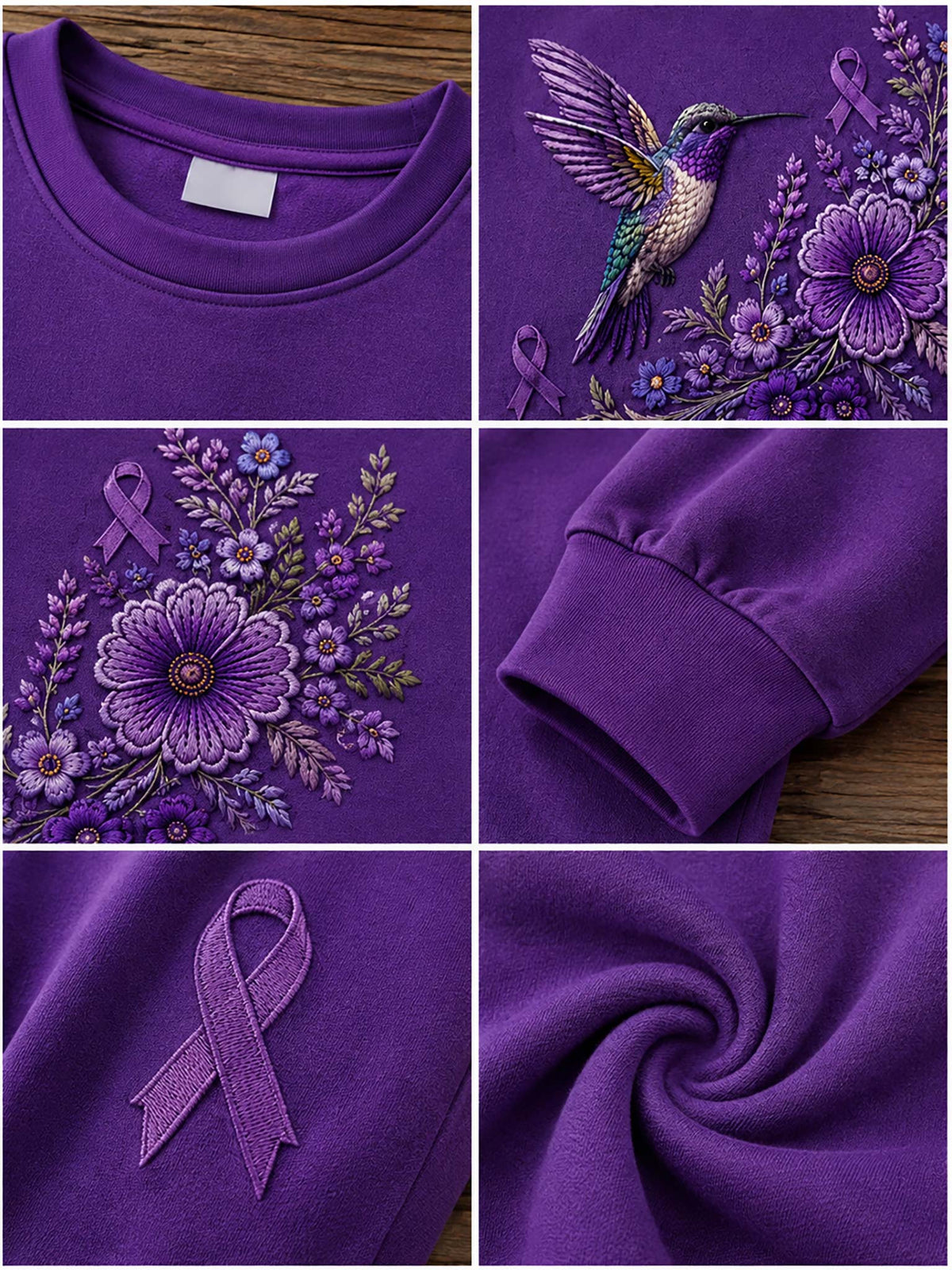 A purple crewneck sweatshirt shown in a six-panel collage, featuring embroidered floral designs with a hummingbird, purple awareness ribbons, and close-up views of the fabric and cuff.