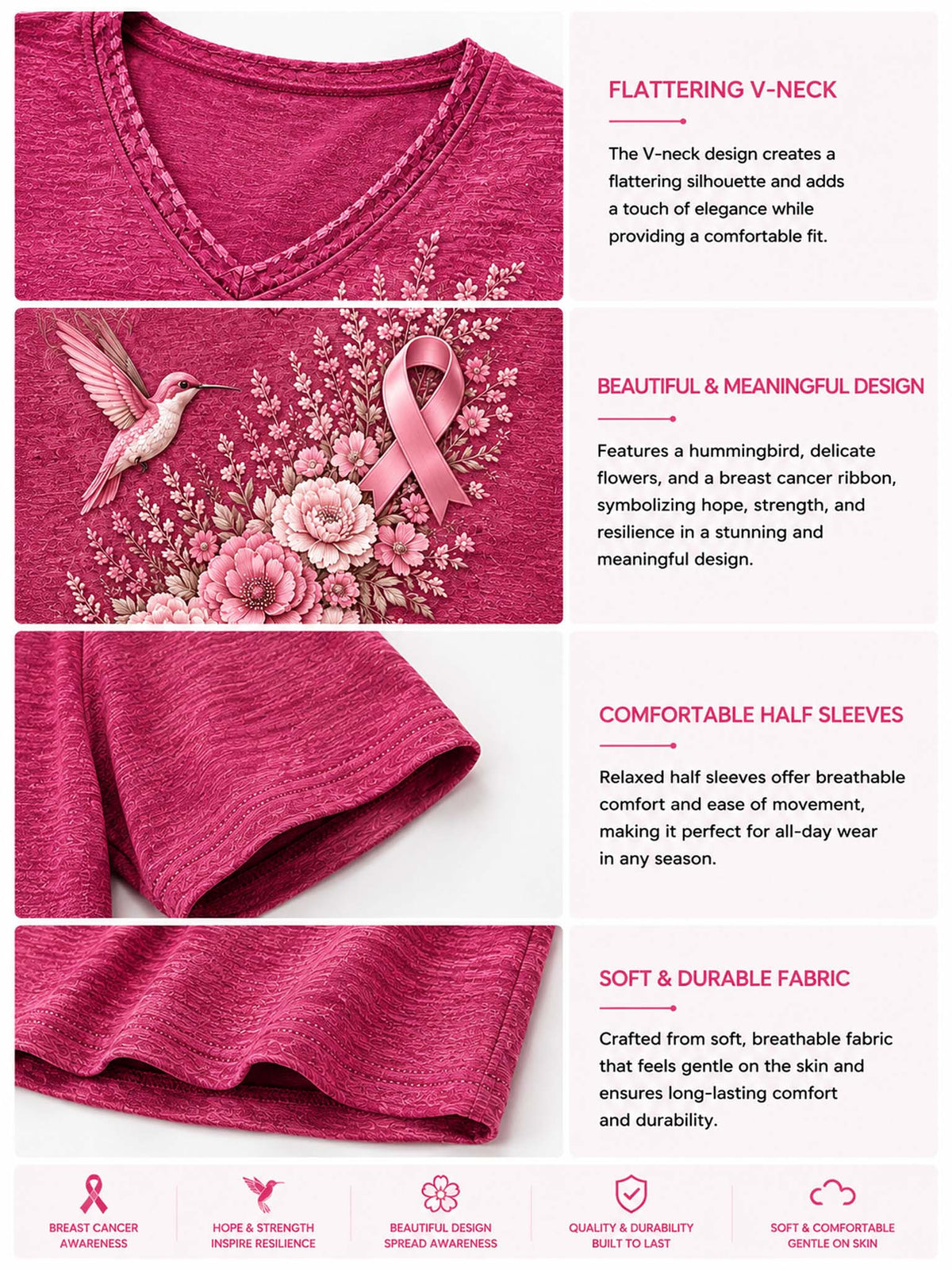 A close-up of a bright pink V-neck top with floral embroidery and a pink ribbon motif, shown alongside feature callouts about the flattering neckline, meaningful design, comfortable half sleeves, and soft durable fabric.