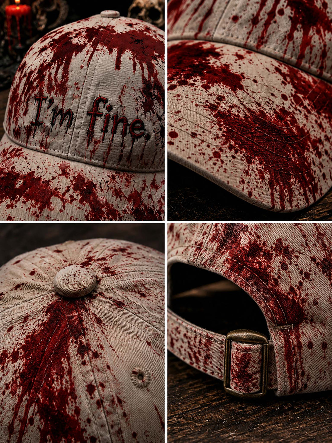 A distressed off-white baseball cap with 'I'm fine.' embroidered in black on the front, heavily splattered with dark red fake blood, displayed on a rustic wooden surface with gothic props like candles, a skull, and cobwebs in the background.