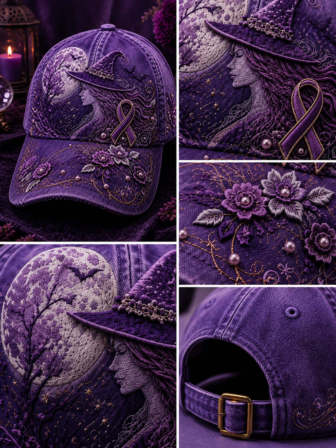 A purple embroidered baseball cap featuring a witch's hat, a profile portrait, a purple awareness ribbon, bats, and floral details, displayed on a dark purple velvet surface with candles and flowers in the background.