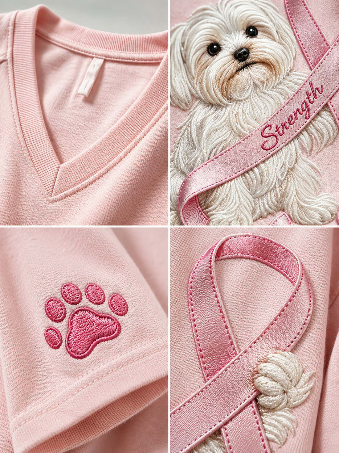 A light pink V-neck short-sleeve T-shirt hanging on a wooden hanger, styled with blue denim shorts. The shirt features a graphic of a white fluffy dog holding a pink ribbon with the word 'Strength' written on it, and a pink paw print on the sleeve.