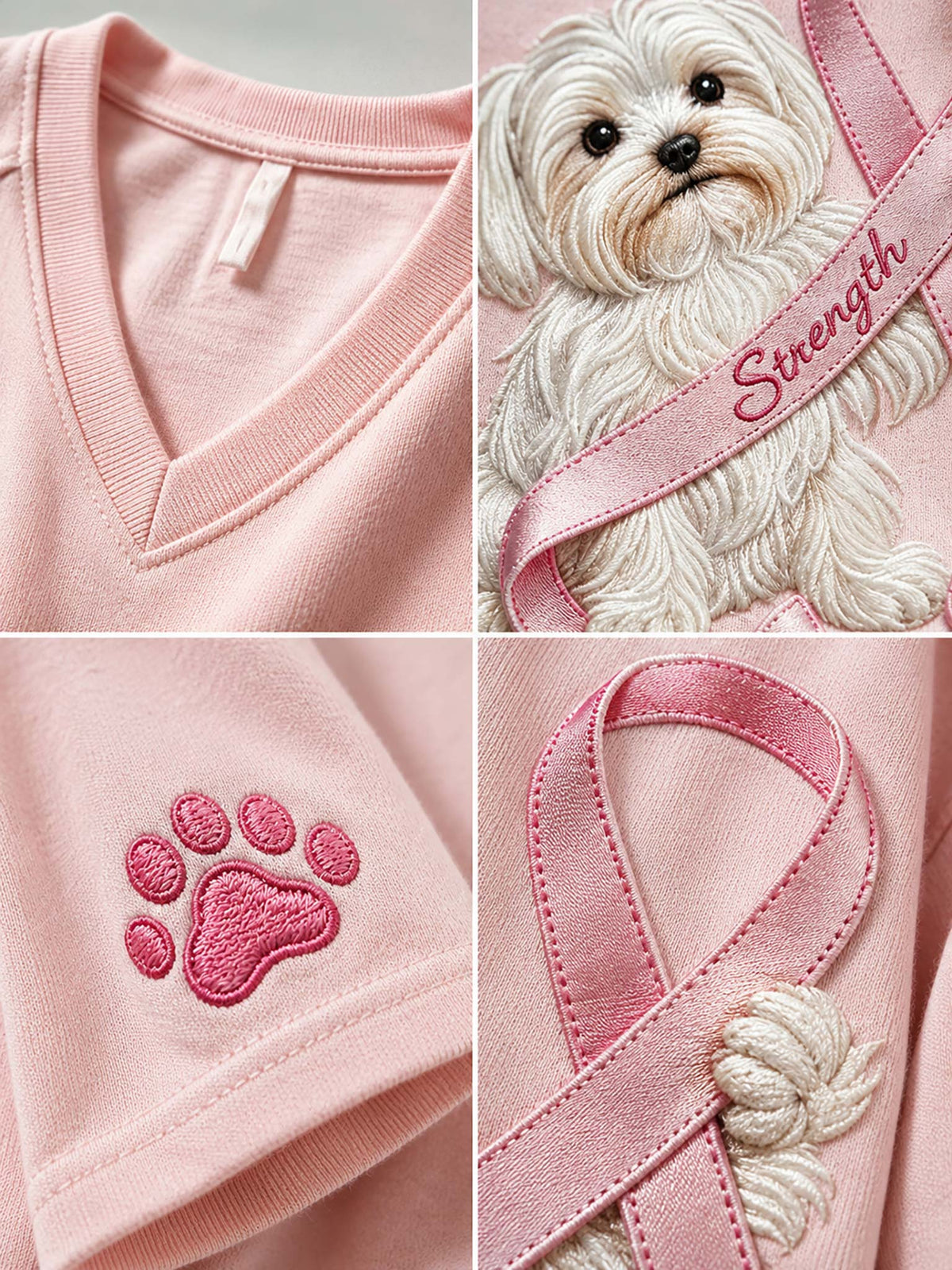 Pink embroidered pet memorial shirt shown in a four-panel close-up collage, featuring a V-neck, a white dog illustration with the word 'Strength' on a pink ribbon, a pink paw print, and a pink awareness ribbon with white fur detail.