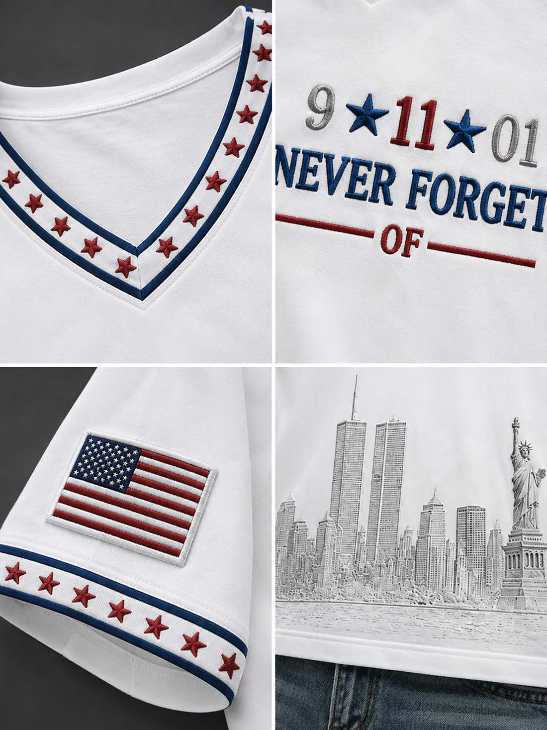White V-neck t-shirt with a patriotic design featuring the New York City skyline, '9-11-01 NEVER FORGET' text, and American flag prints on the sleeves, styled on a hanger with distressed denim shorts against a dark gray background.