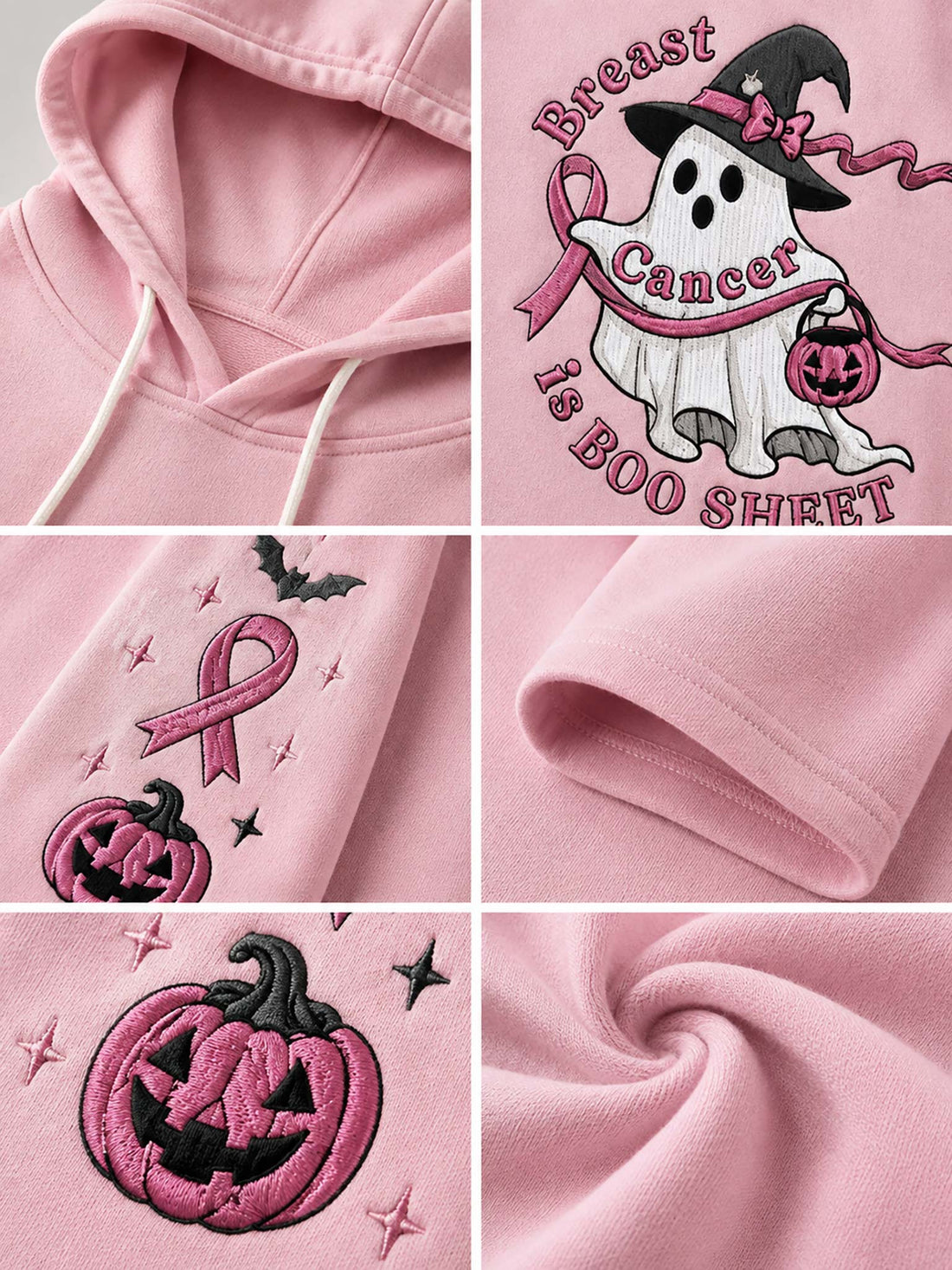 A woman wearing a pink oversized hoodie with a Halloween-themed breast cancer awareness graphic featuring a ghost in a witch hat, pumpkins, and pink ribbons, paired with distressed blue jeans.