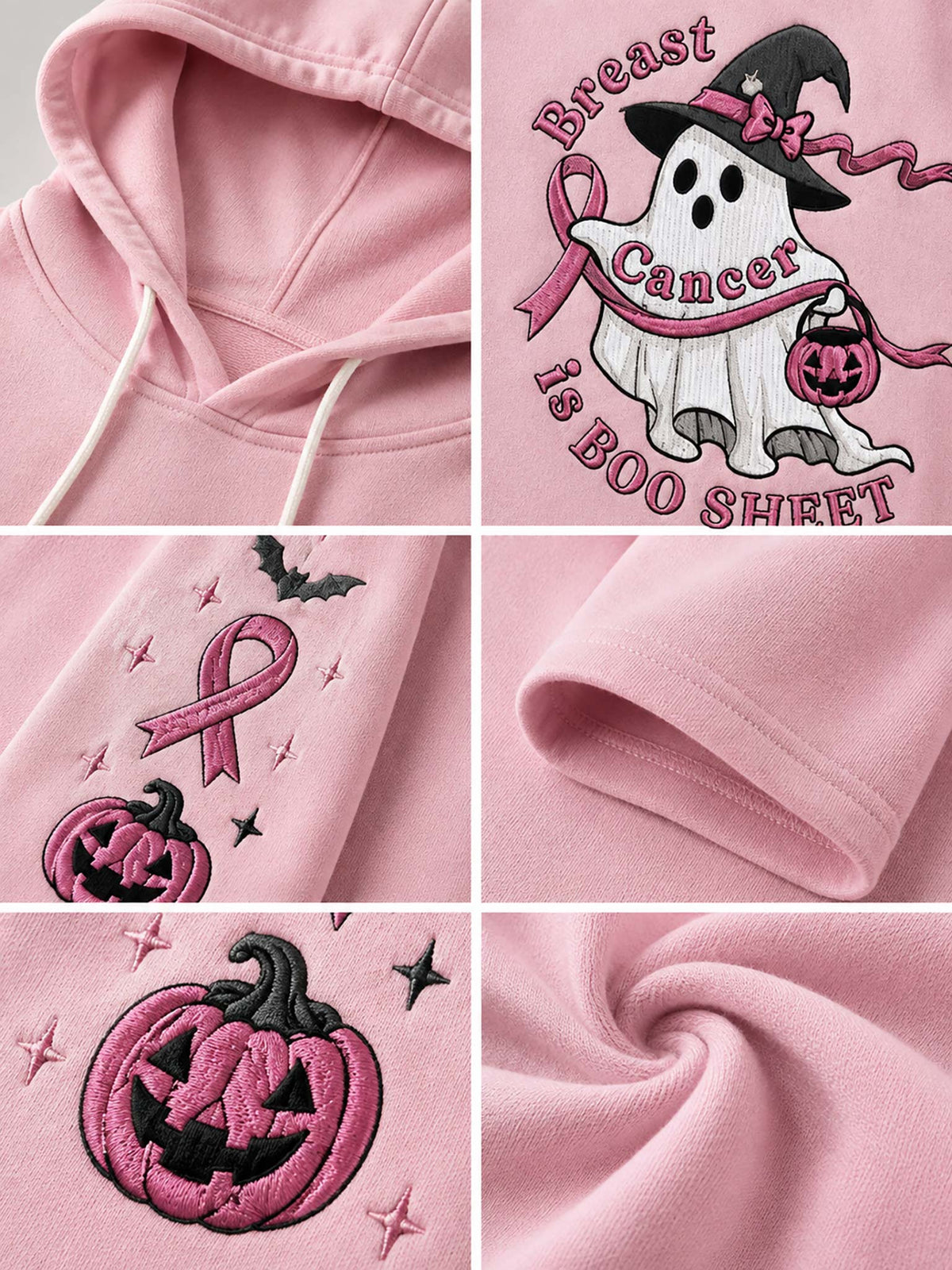 A six-panel collage showing a light pink hoodie with embroidered Halloween and breast cancer awareness designs, including a ghost wearing a witch hat, a pink ribbon, pumpkins, bats, stars, and the text 'Breast Cancer is BOO SHIRT'.