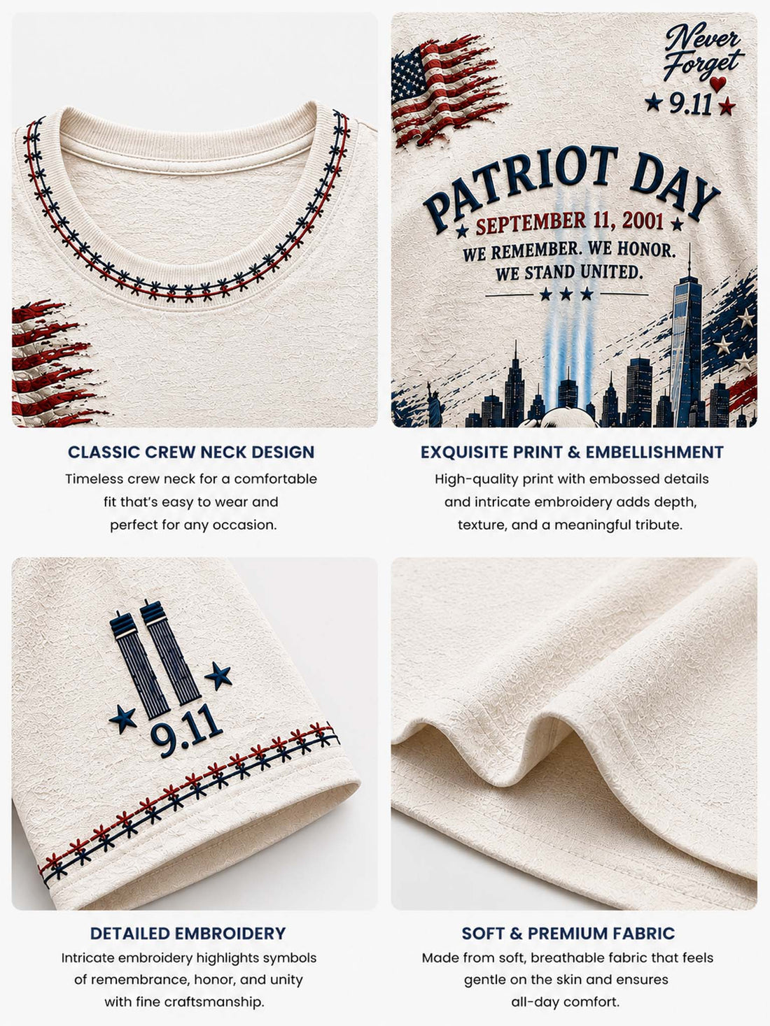 A cream-colored short-sleeve t-shirt featuring a detailed patriotic 9/11 themed graphic print with Snoopy, the New York City skyline, and American flag motifs, set against a neutral gray background.