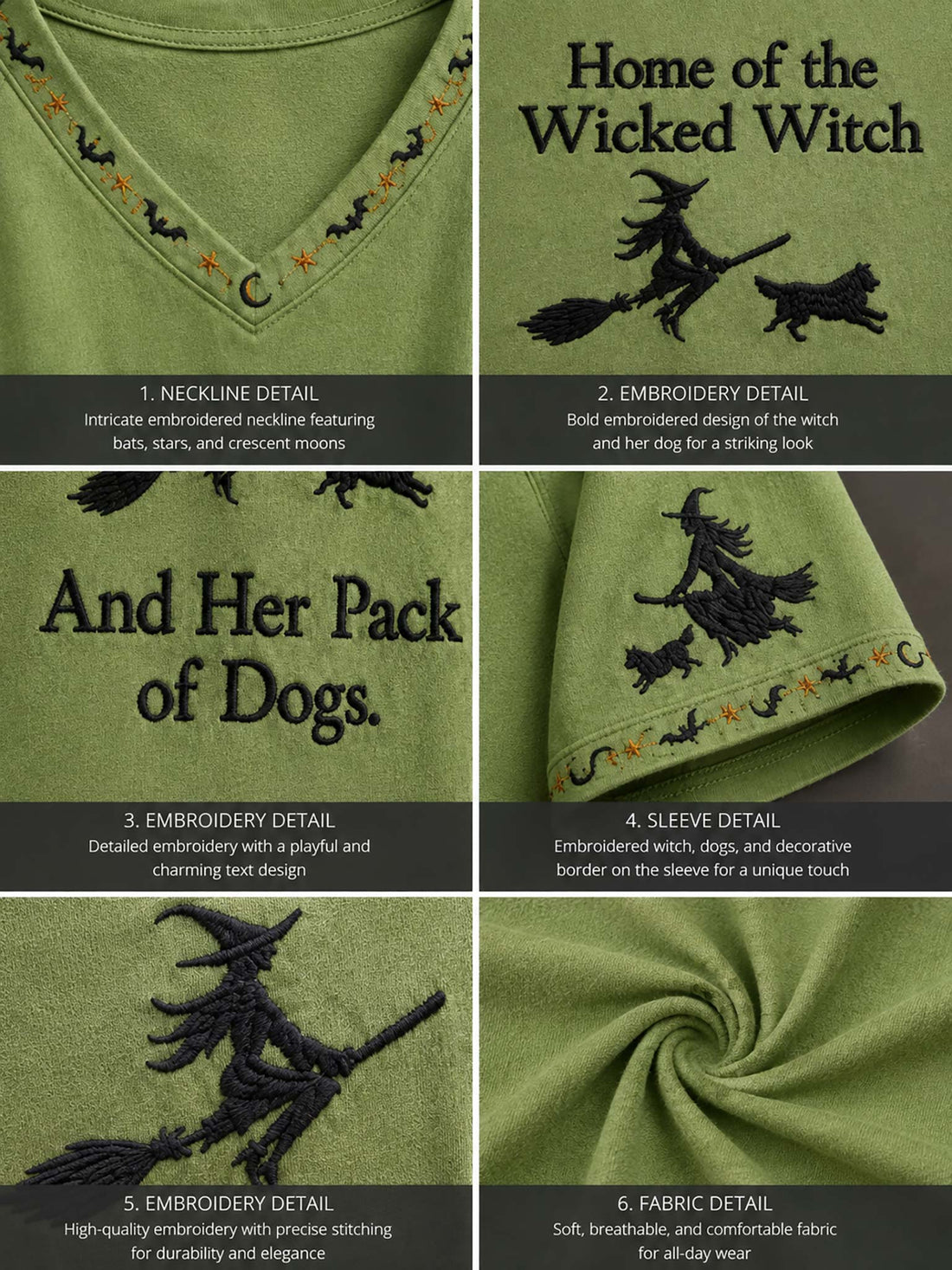 A sage green raglan V-neck t-shirt with a black graphic print reading 'Home of the Wicked Witch And Her Pack of Dogs' with witch and dog illustrations, styled on a hanger with distressed denim shorts against a dark, atmospheric Halloween background.