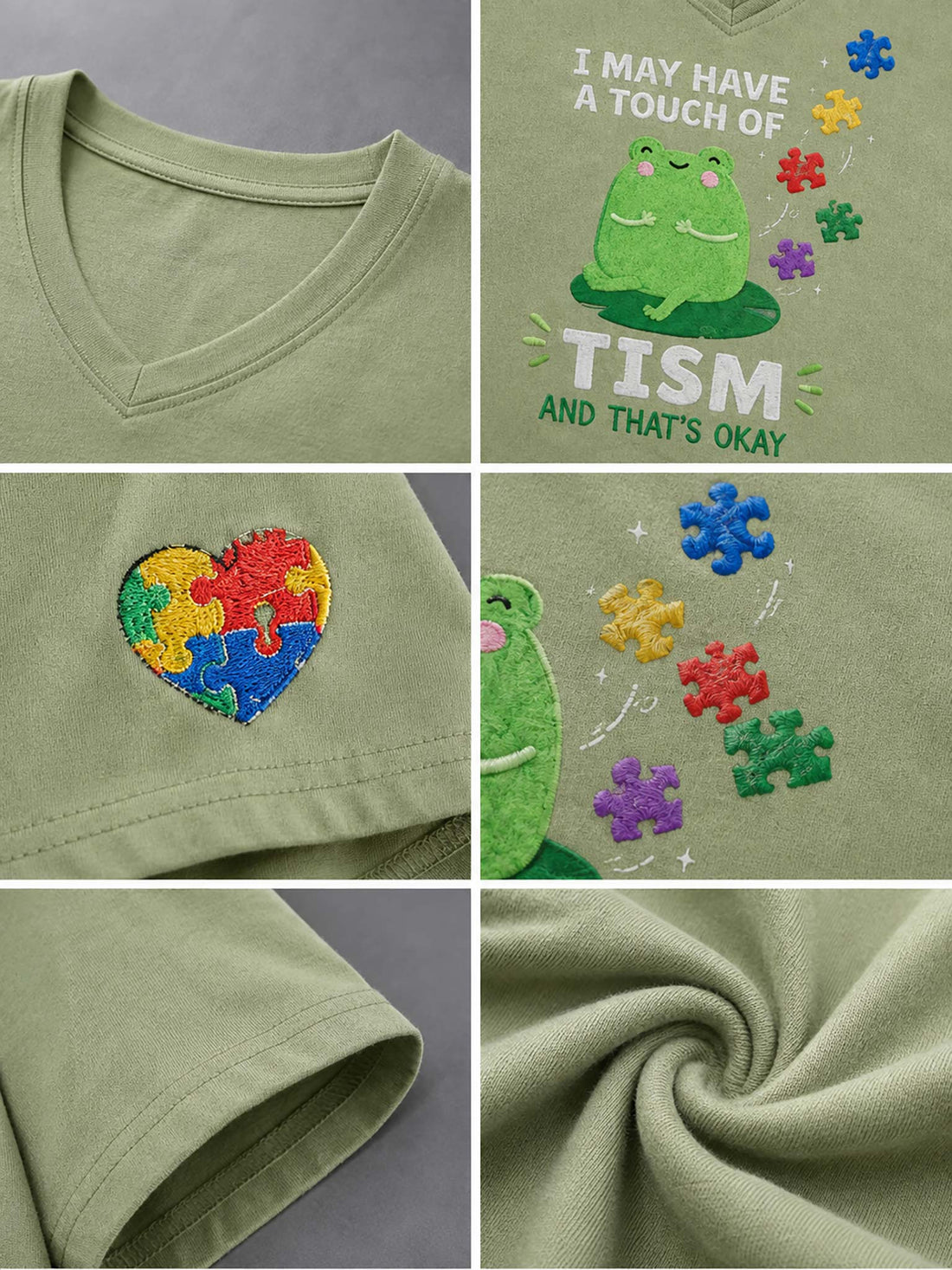 An olive green V-neck t-shirt with a graphic of a green frog and the text 'I MAY HAVE A TOUCH OF TISM AND THAT'S OKAY', styled on a hanger with distressed denim shorts against a dark gray background.