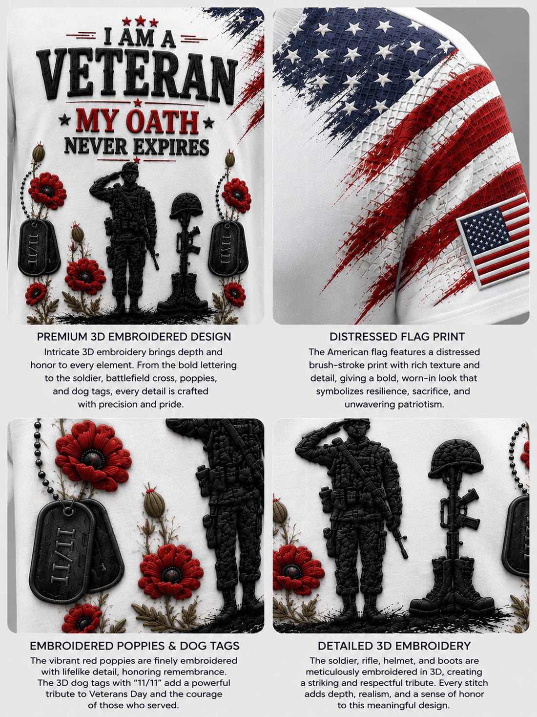 White short-sleeve graphic T-shirt with a patriotic veteran design. The front features the text 'I AM A VETERAN MY OATH NEVER EXPIRES' in black and red, with a black soldier silhouette, red poppies, and a distressed American flag on the right shoulder and sleeve.