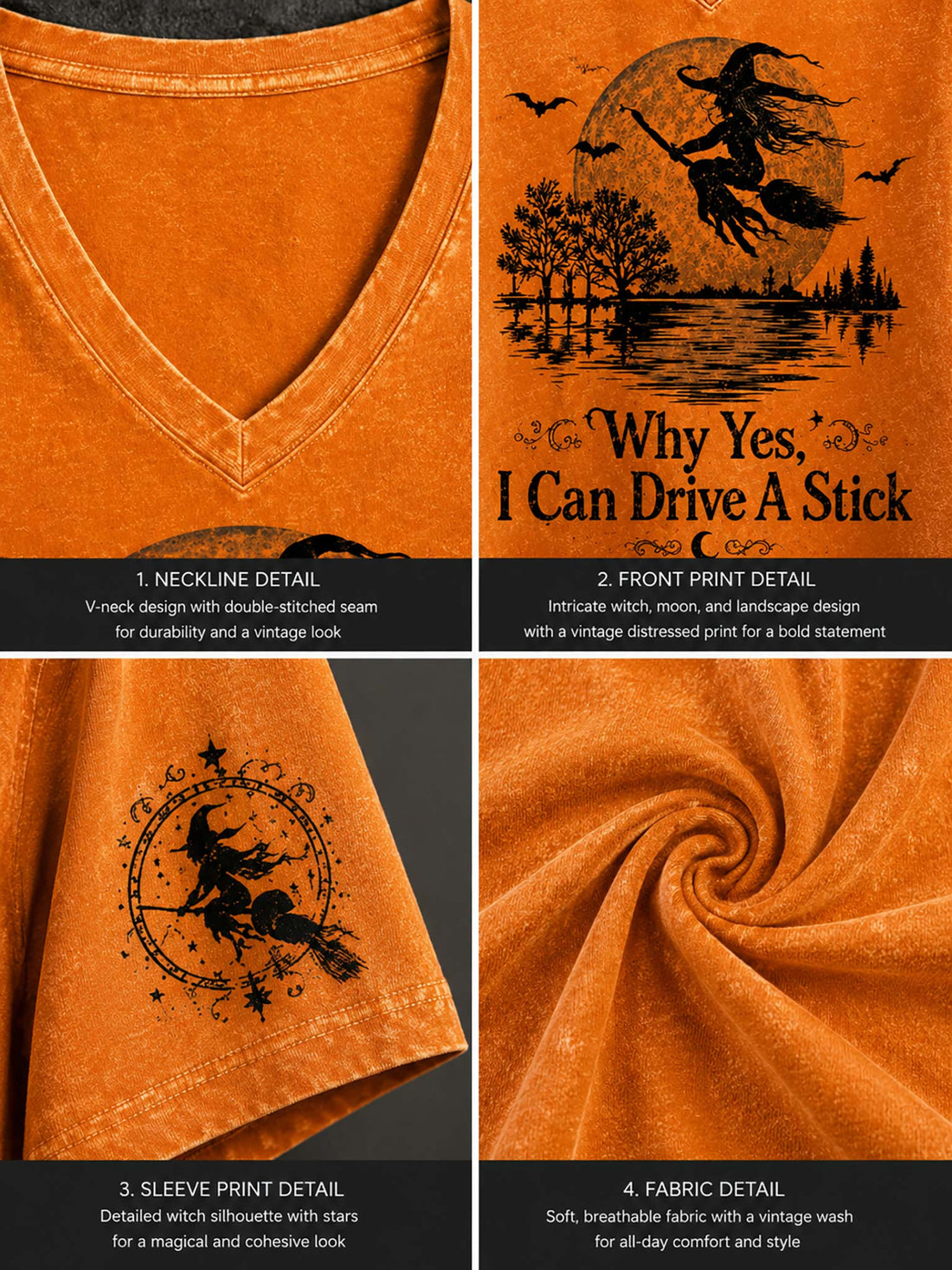 An orange V-neck t-shirt with a Halloween graphic of a witch riding a broomstick in front of a full moon, displayed on a wooden hanger with distressed denim shorts against a dark gothic-themed background.