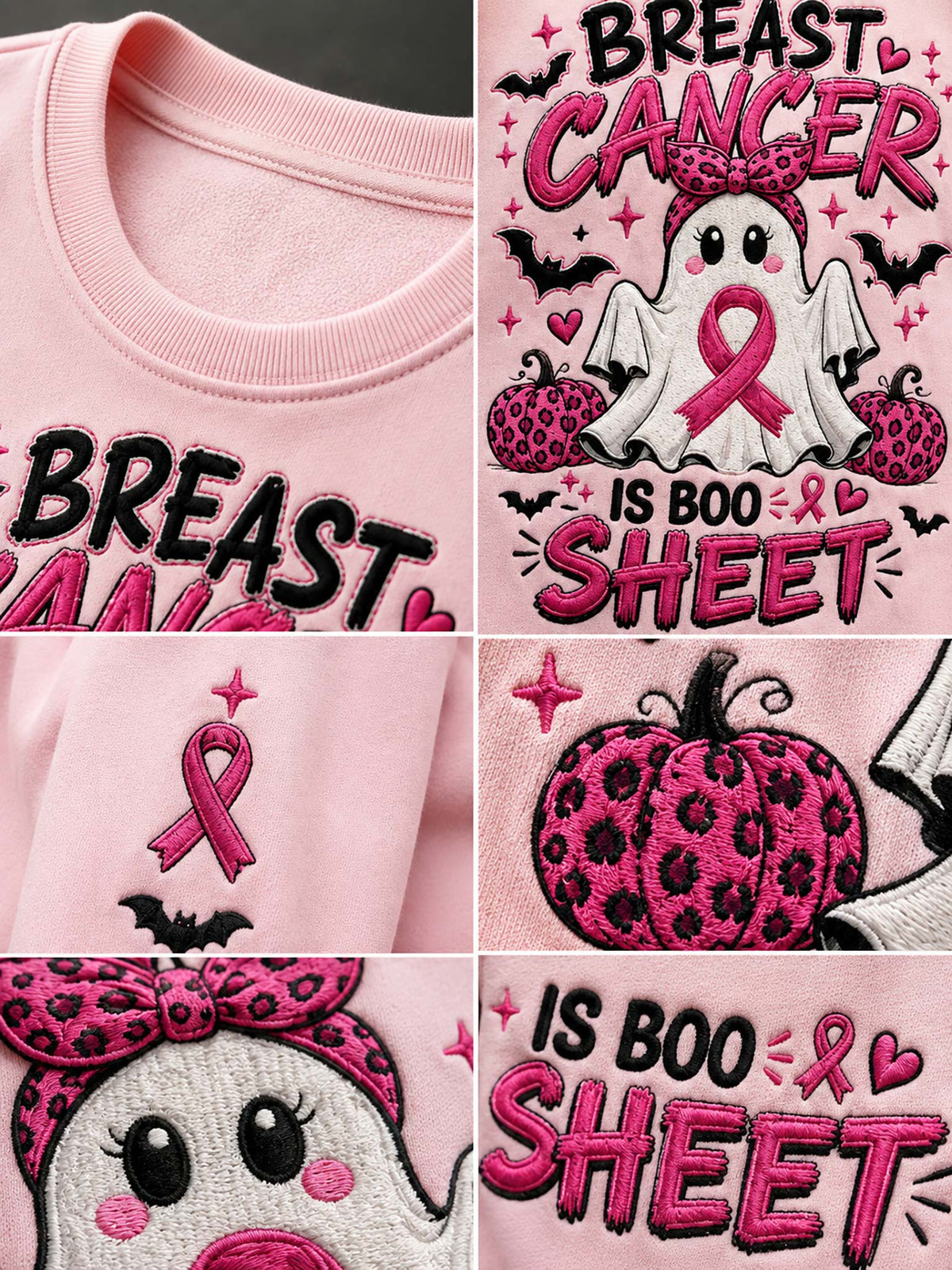 A collage of close-up views of a light pink embroidered graphic design featuring a ghost, pink leopard-print pumpkins, bats, and the text 'Breast Cancer is Boo Sheet' with a pink awareness ribbon.
