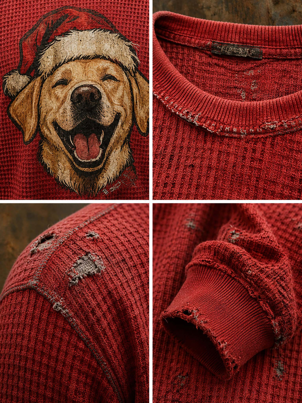A four-panel close-up collage of a distressed red knit sweater. The top-left panel shows a large embroidered dog face wearing a Santa hat on the chest.