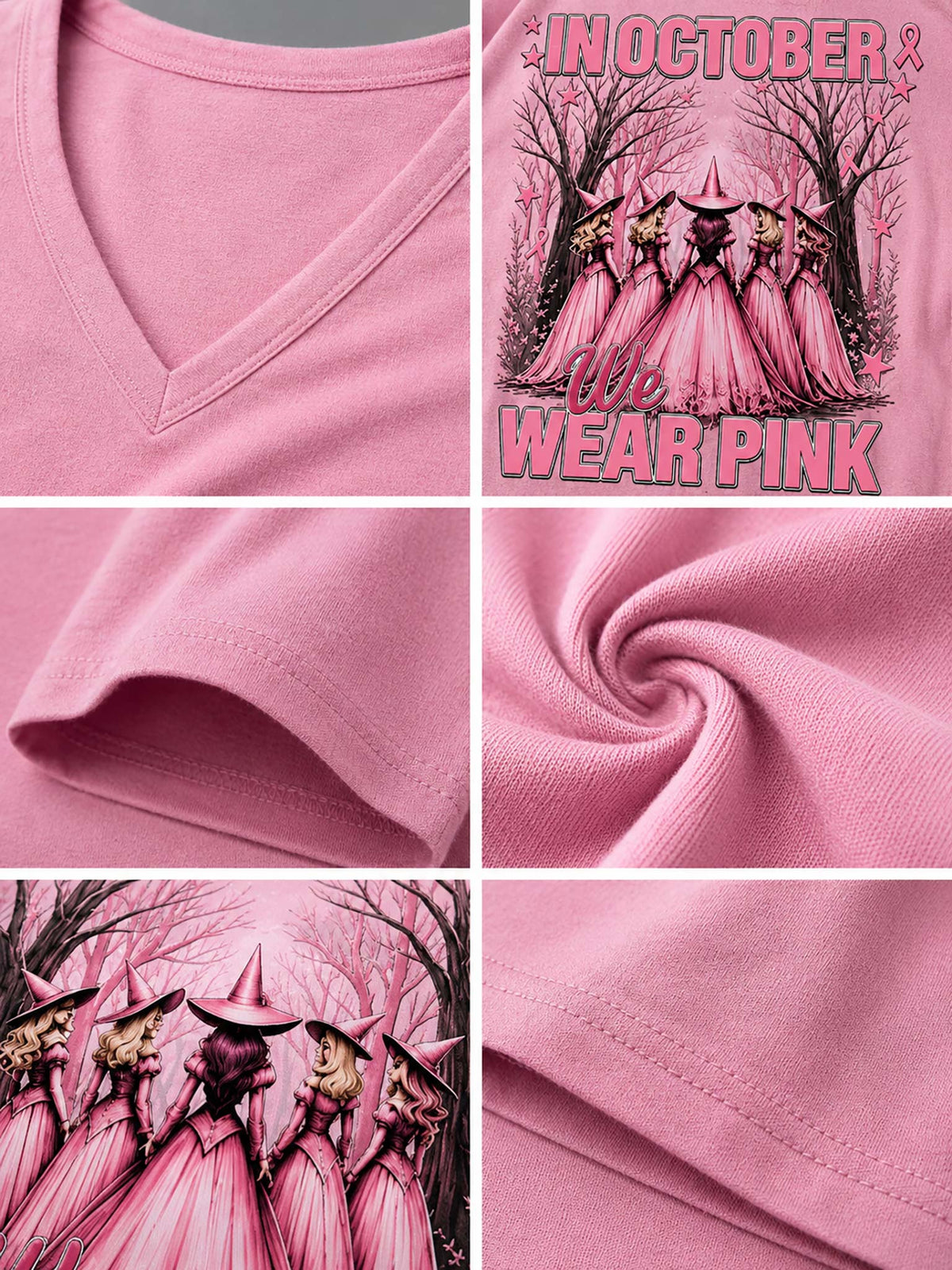 Pink V-neck t-shirt collage showing close-up fabric details, including a printed graphic of witch figures in pink dresses under bare trees with the text 'IN OCTOBER WE WEAR PINK'.