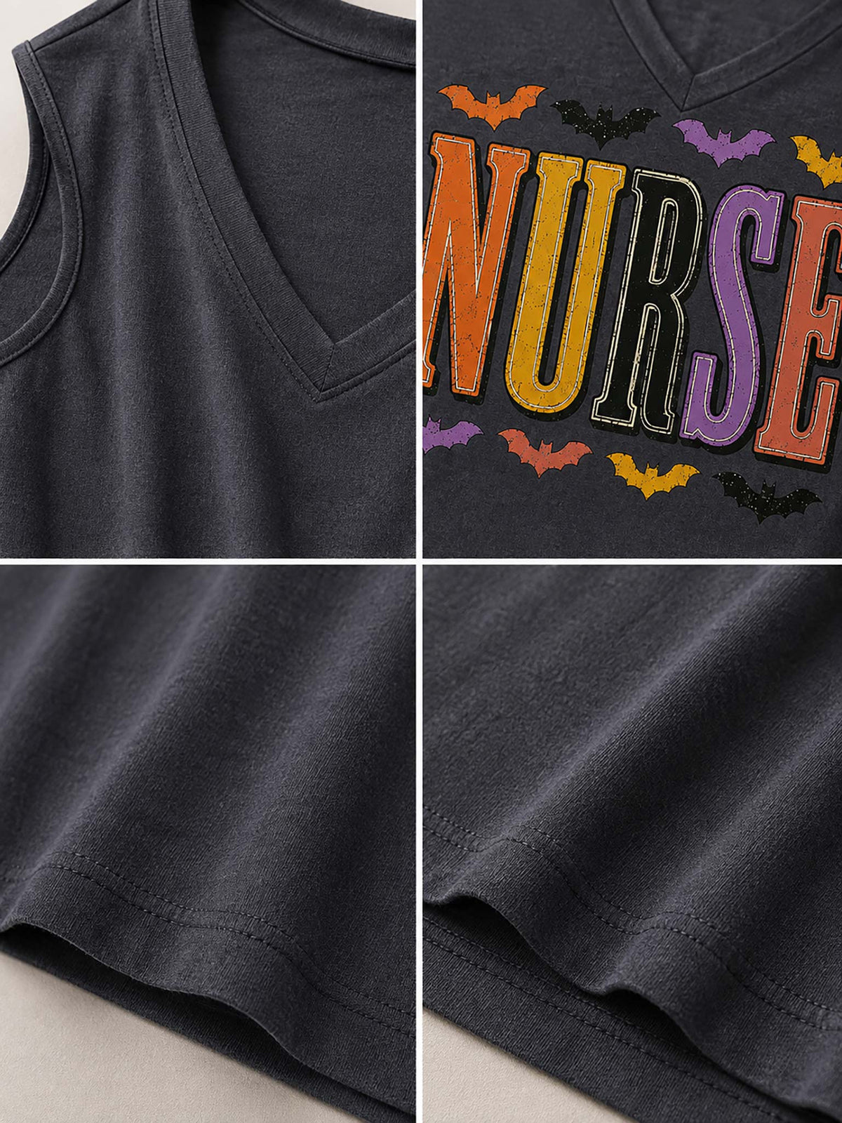 A dark charcoal gray V-neck tank top shown in a four-panel detail collage. The top panel shows the V-neckline, the middle panel shows the colorful 'NURSE' text graphic with Halloween bat motifs, and the bottom panels show close-ups of the fabric texture and hem stitching.