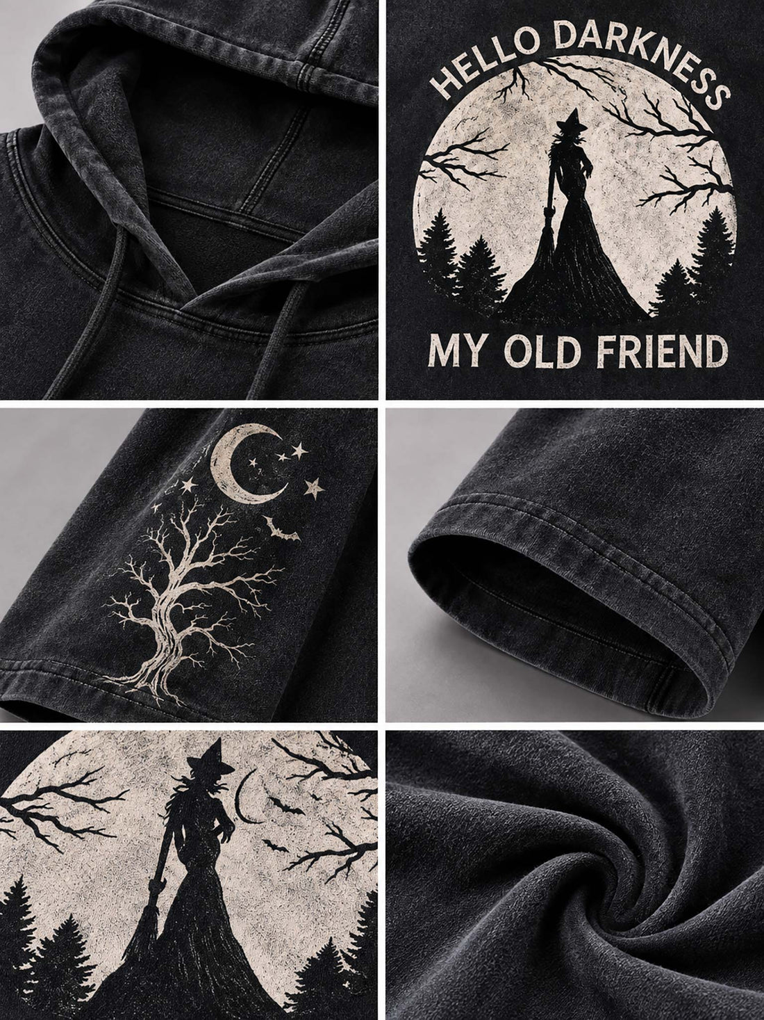 A person wearing a dark charcoal gray oversized hoodie with a distressed graphic that reads 'HELLO DARKNESS MY OLD FRIEND' around a moonlit forest scene. The hoodie has sleeve prints of a crescent moon and tree.