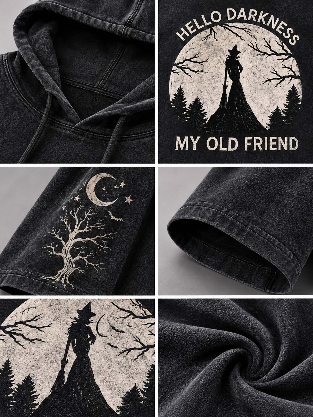 Six-panel collage showing a dark washed hoodie and matching pants with a distressed Halloween-style graphic: a witch silhouette in front of a full moon and trees, with the text 'HELLO DARKNESS MY OLD FRIEND' and a crescent moon design.