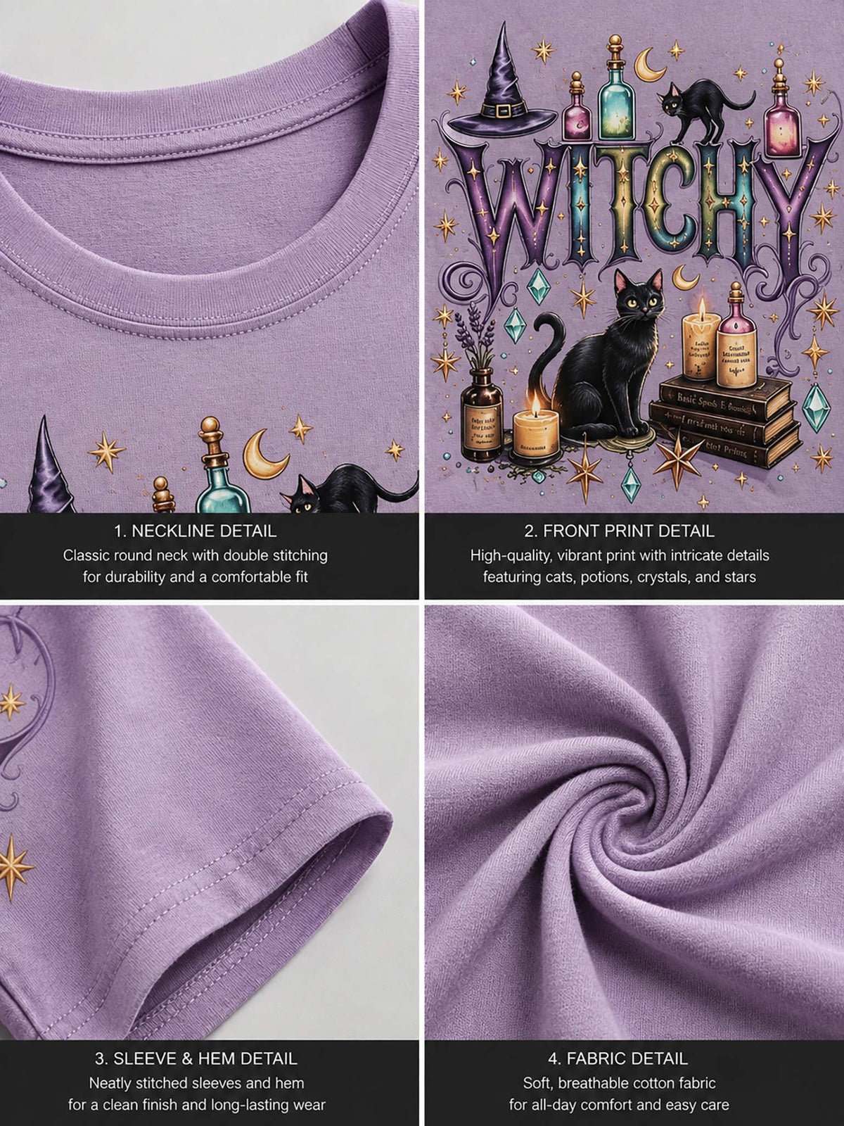 A four-panel product detail collage for a lavender purple t-shirt. The top-left panel shows the double-needle neckline.