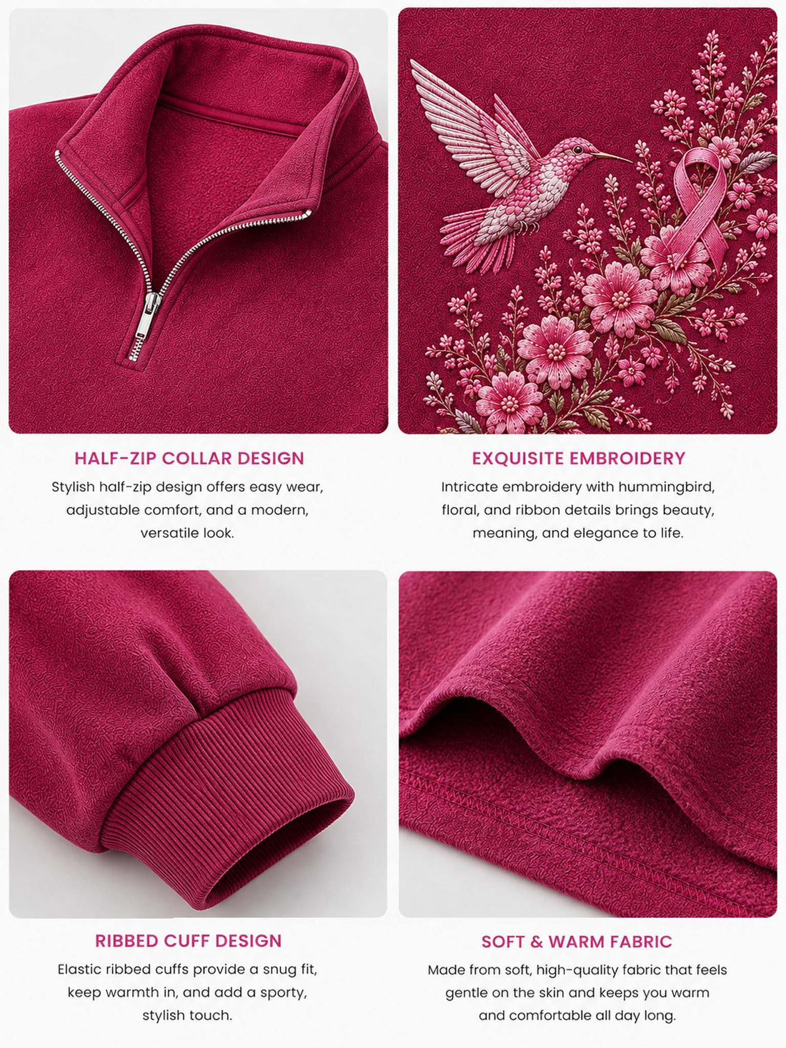 A close-up of a person wearing a magenta pink quarter-zip sweatshirt with a pink ribbon and floral embroidery on the front, paired with white pants.