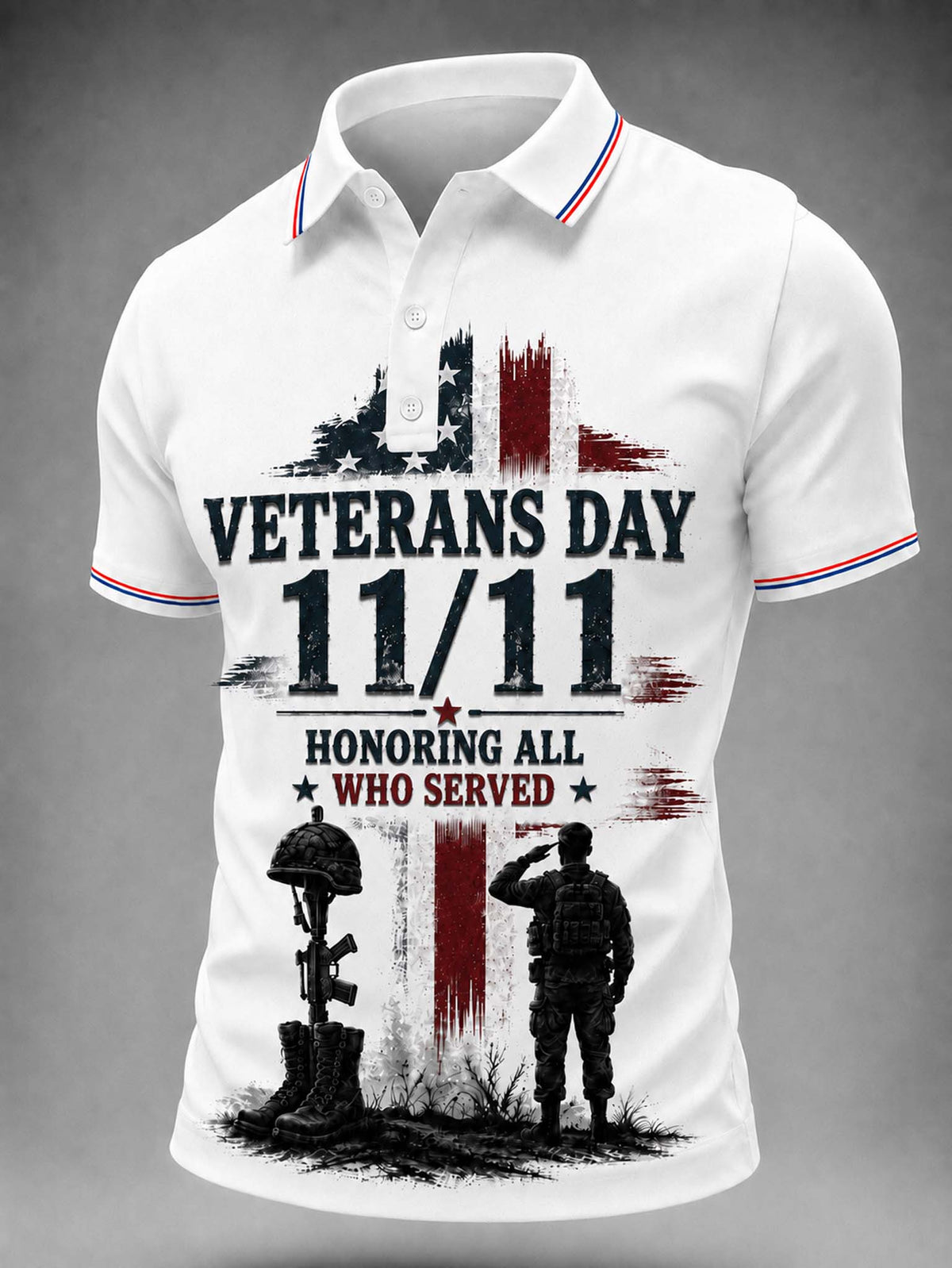 White short-sleeve polo shirt with a patriotic Veterans Day 11/11 graphic on the front, featuring a distressed American flag, soldier and veteran silhouettes, and the text 'VETERANS DAY 11/11 HONORING ALL WHO SERVED'.